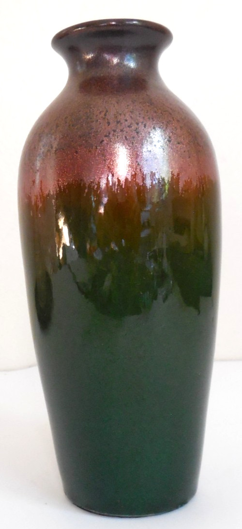 Craftsman Art Pottery 8″ Vase Green Brown Bronze Copper Heavy Drip Glaze