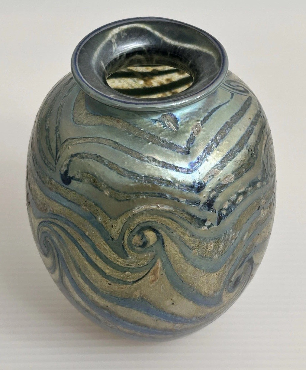 CHARLES LOTTON 1990 Sign Art Glass Vase Swirl Wave Water Iridescent *READ AS IS*