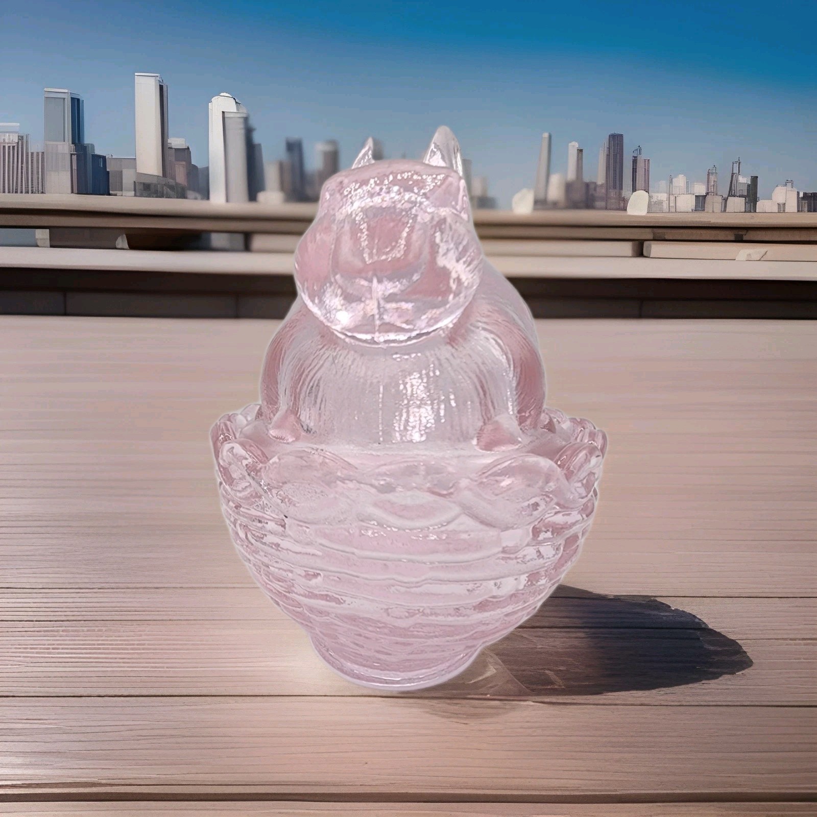 Easter Bunny on Basket Mosser Glass W/ Logo Covered Dish Passion Pink 4″