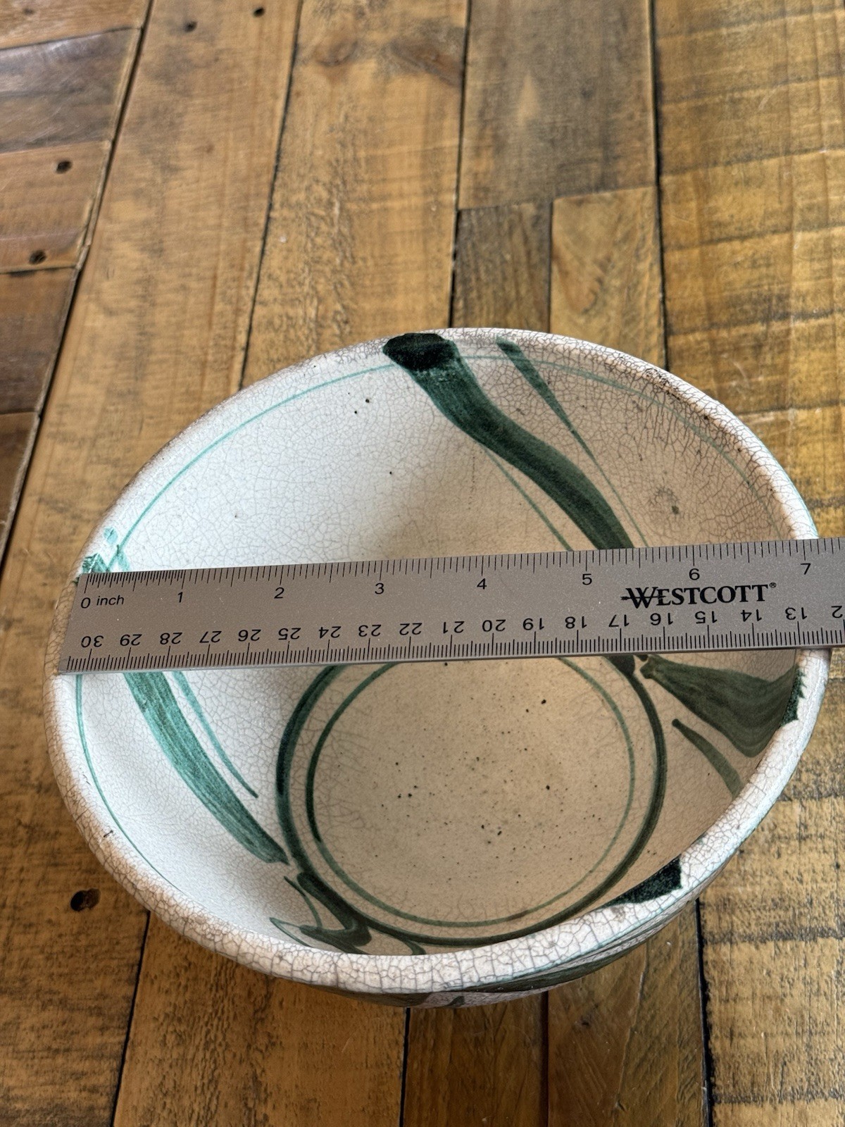 Pottery Bowl Pedestal Base Crackle Finish Green White 4”Hx7”W 1.12lbs