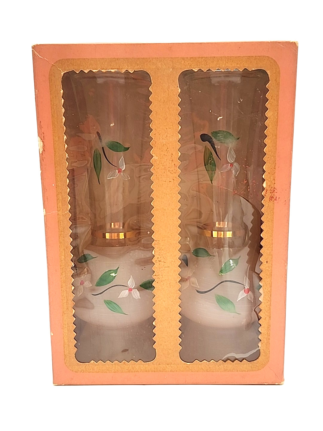 Set of 2 Bartlett Collins Vases Hand Painted Frosted Clear In Original Box 9″