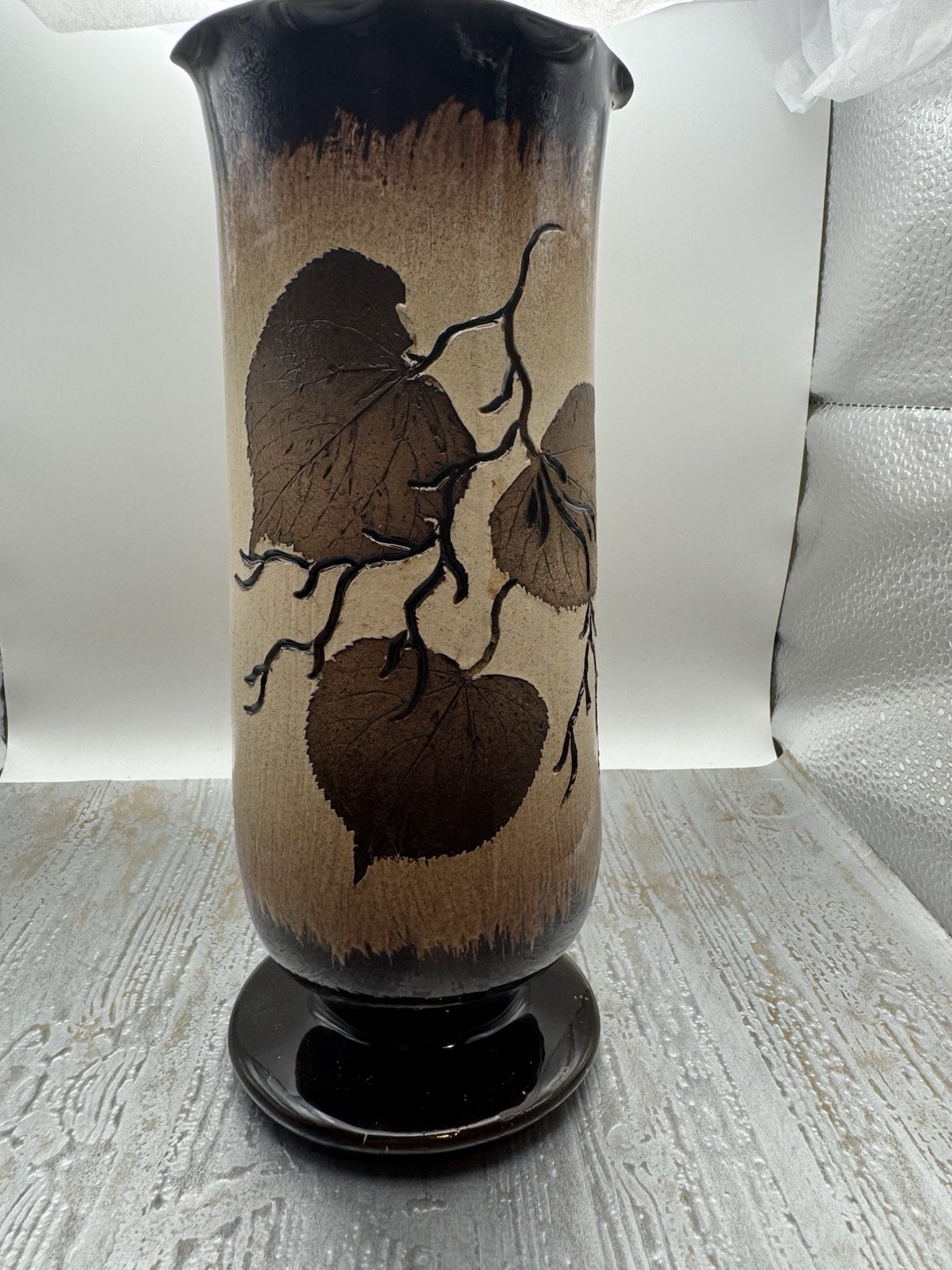 Latvian MersArt Pottery Vase With Leaf Imprint, 8 1/2 X 3 1/4”