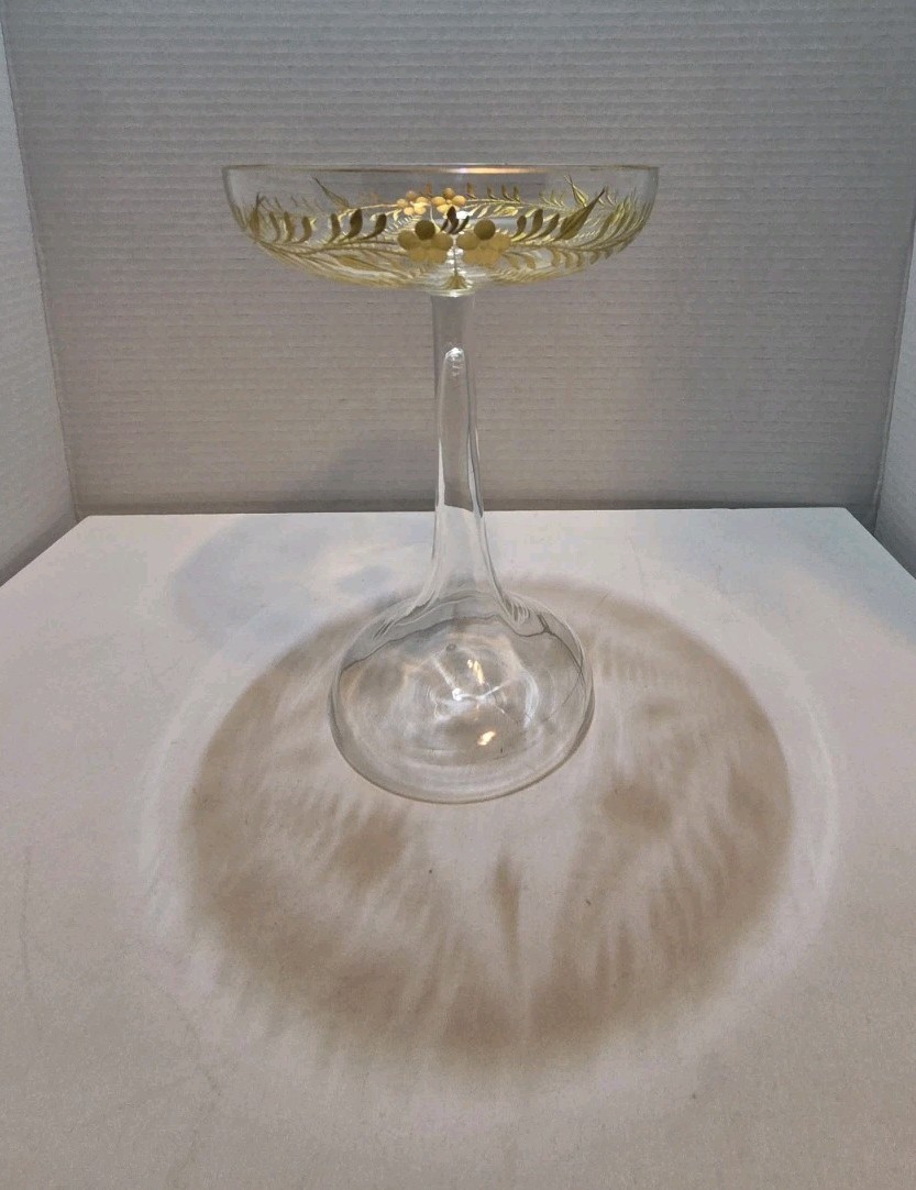 Antique Moser Tazza/ Compote Large Cut Crystal with Gold Gilt Intaglio Style 8″