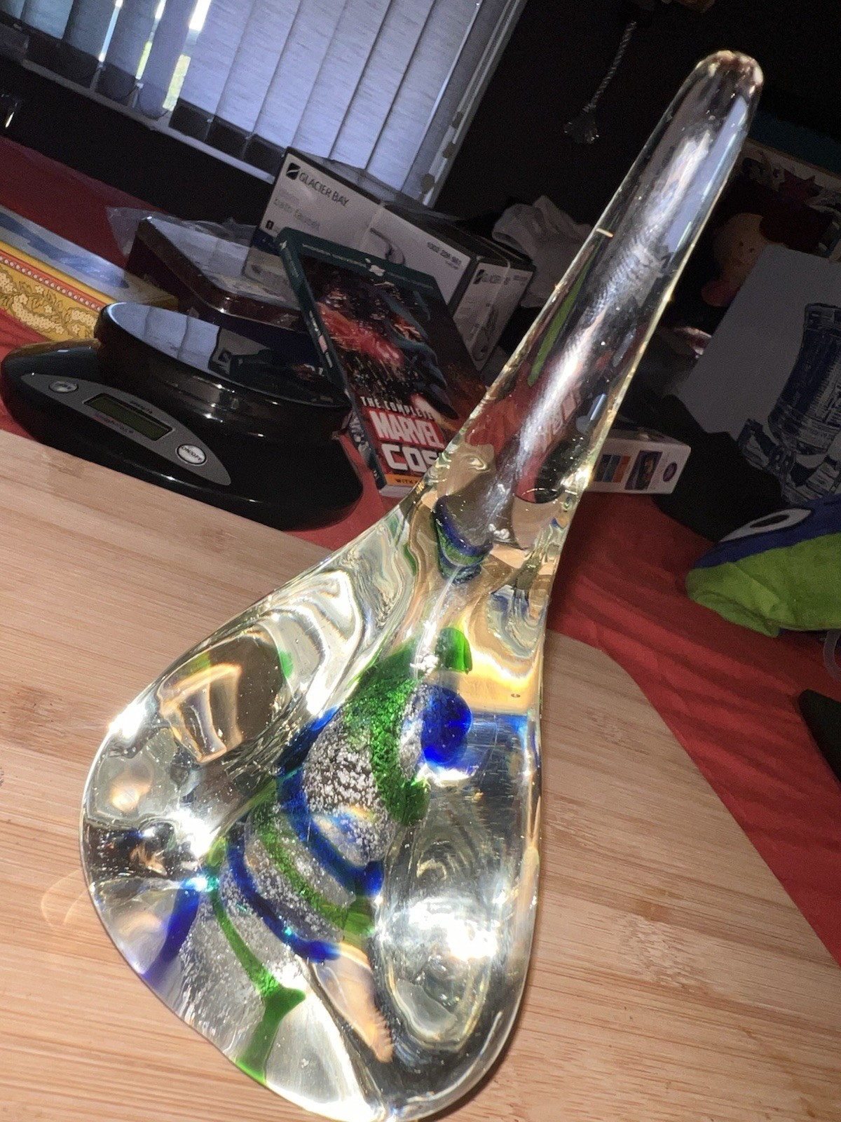 Hand Blown Art Glass Sculpture Abstract Blue Green Clear 3D Effect 6.5 in