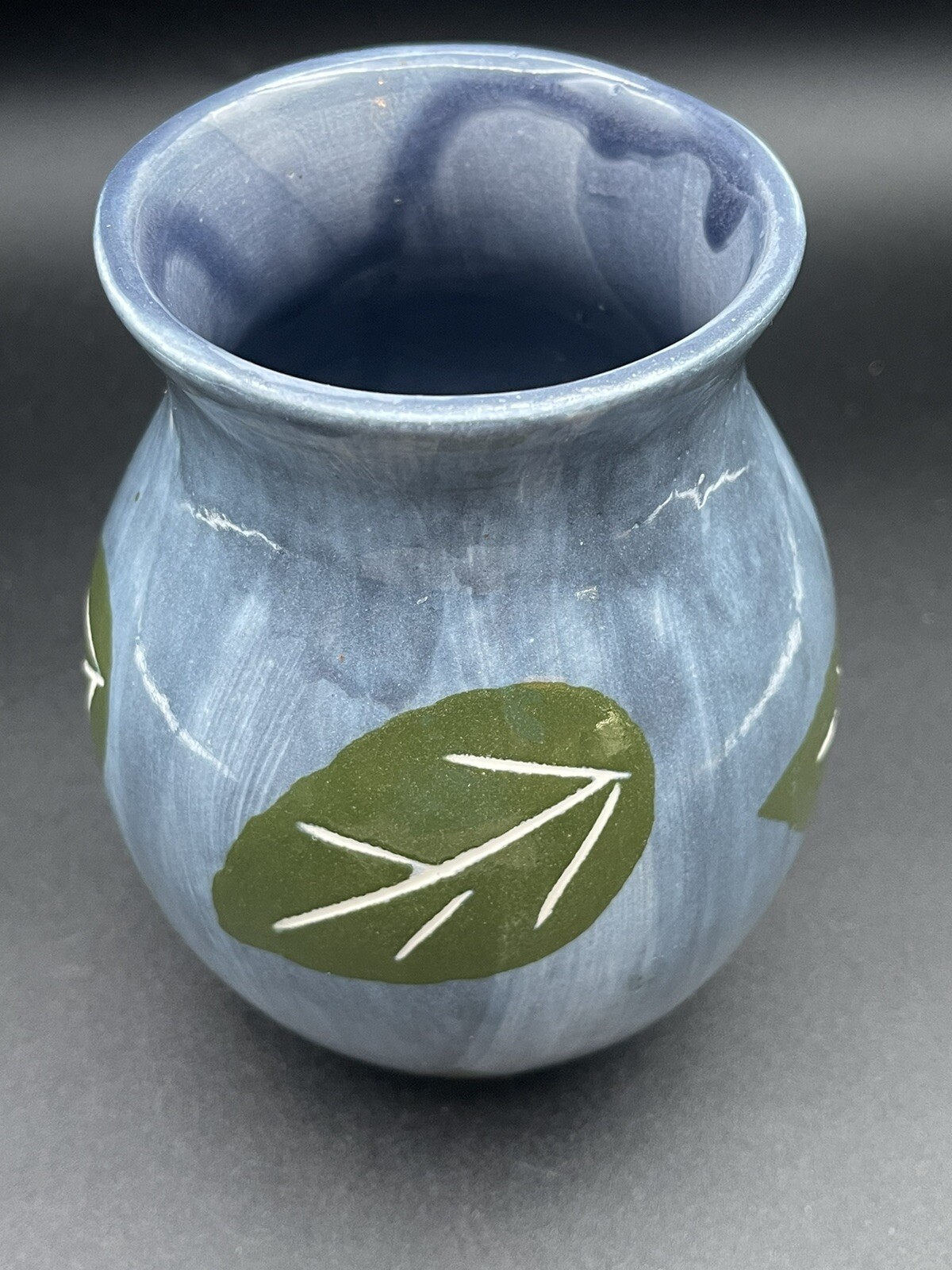 Barbara Eigen Pottery Vase Blue Green Leaves 5.25″x3″ Signed USA