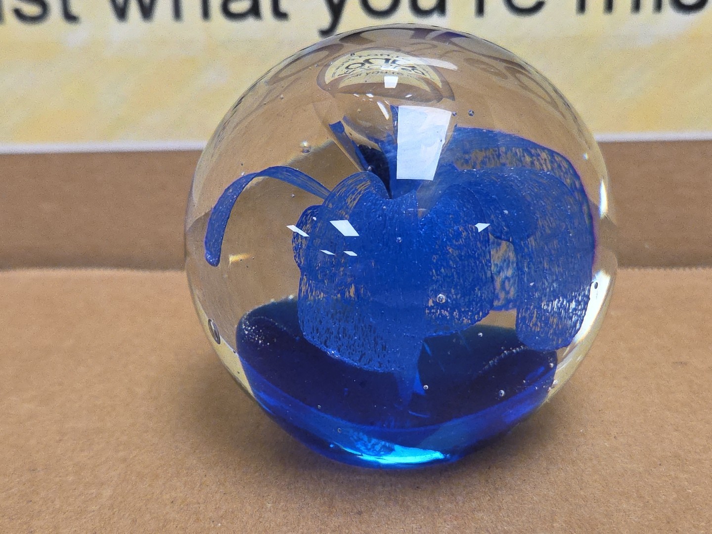 Art Glass Paperweight Clear Round with Cobalt Blue Flower Bloom 2.25”