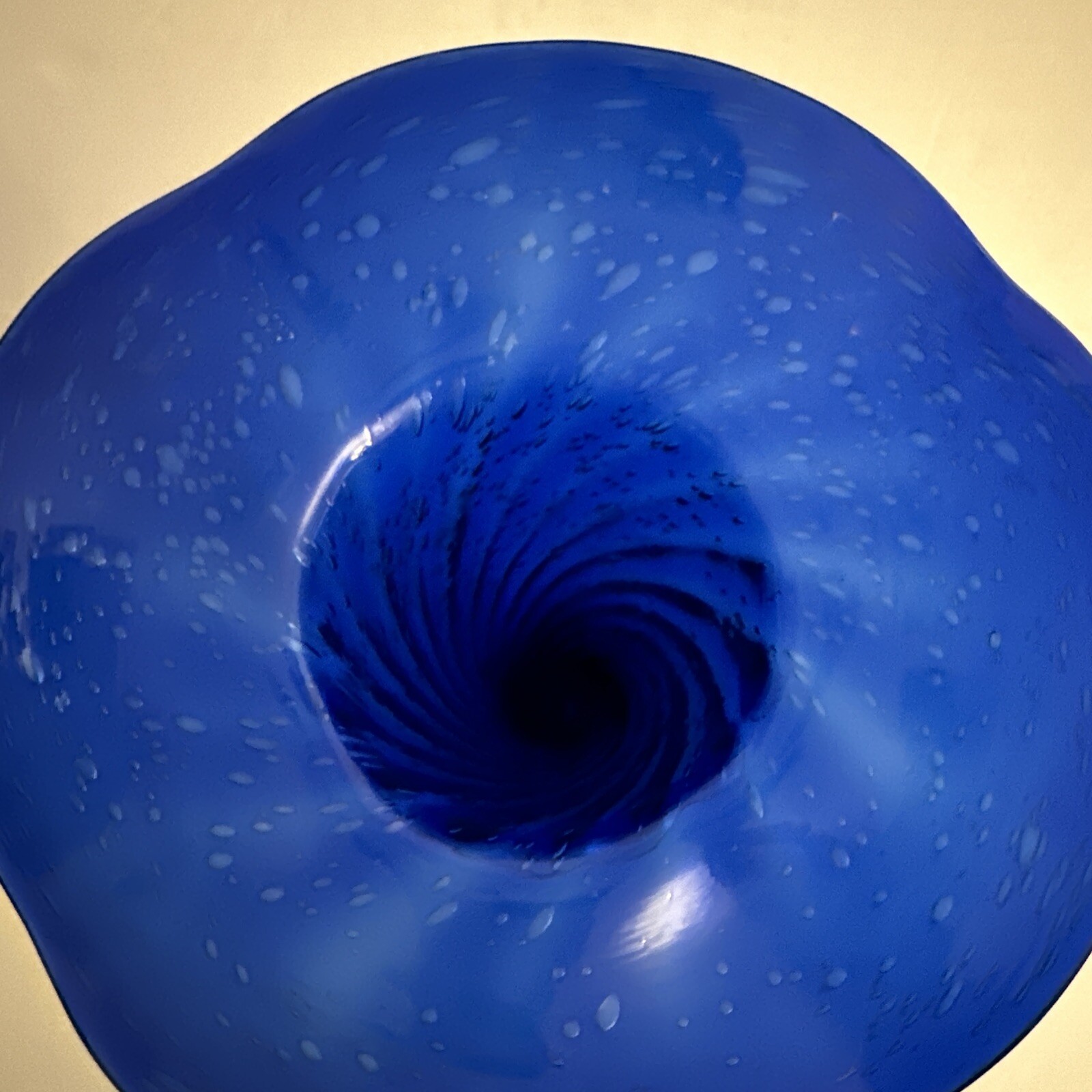 Handcrafted Cobalt Blue Blown Glass Swirl Lily Vase With Clear Base & Bubbles