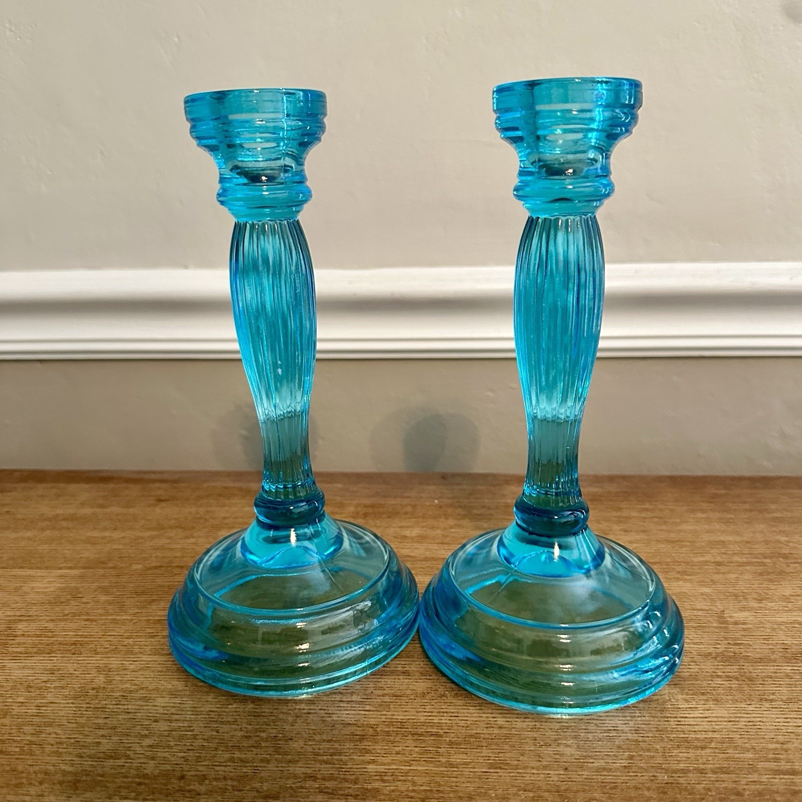 Vintage Indiana Tiara Glass Candle Stick Holders PAIR Duchess Horizon Blue 8 3/8