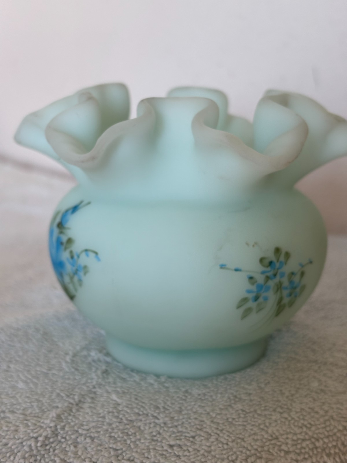 Fenton Blue Rose Satin Art Glass Vase Bowl Ruffle Hand Painted Signed