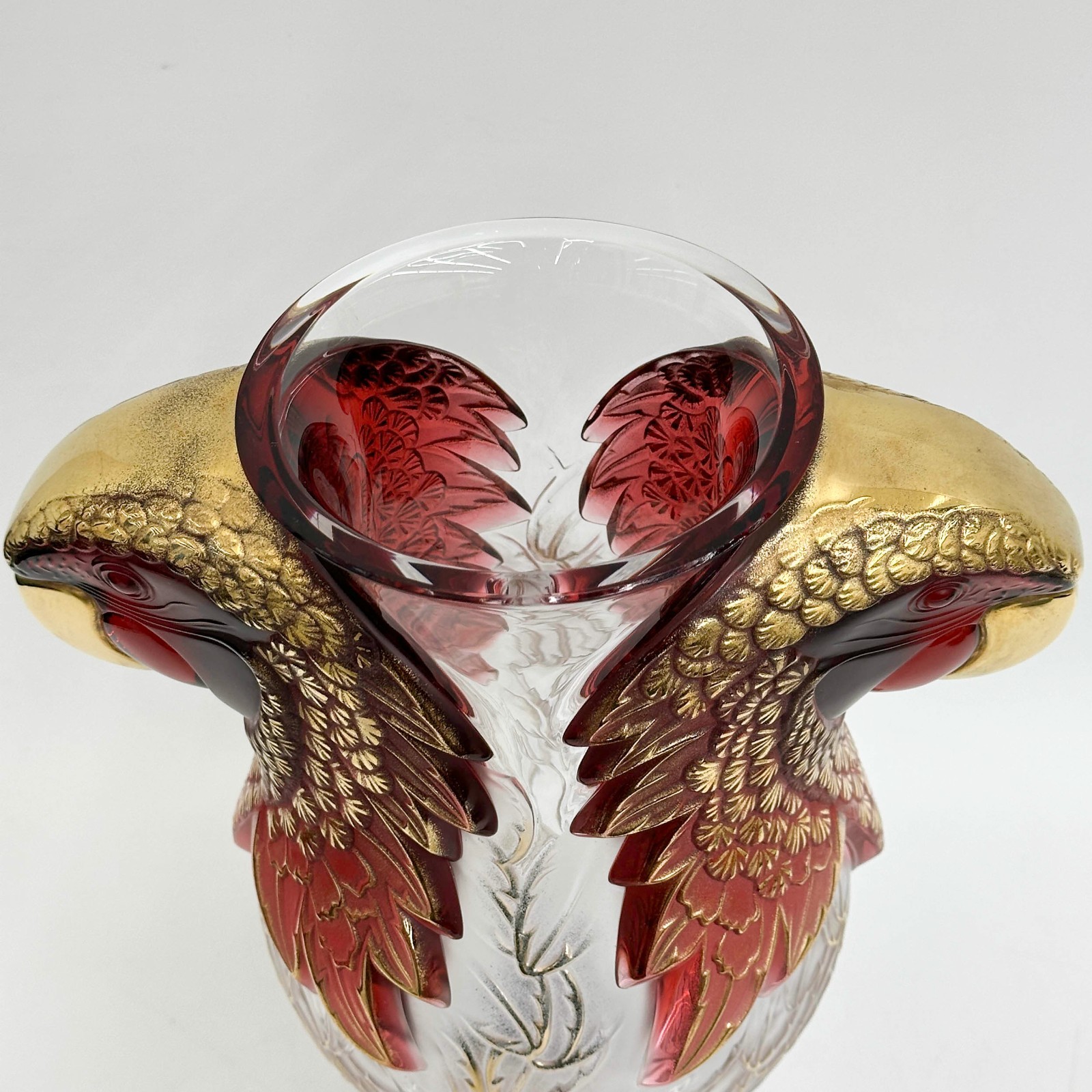 Lalique Glass Red Gold Macaw Vase ” Macao Rouge Emaille Or ” Ltd Edition of 9