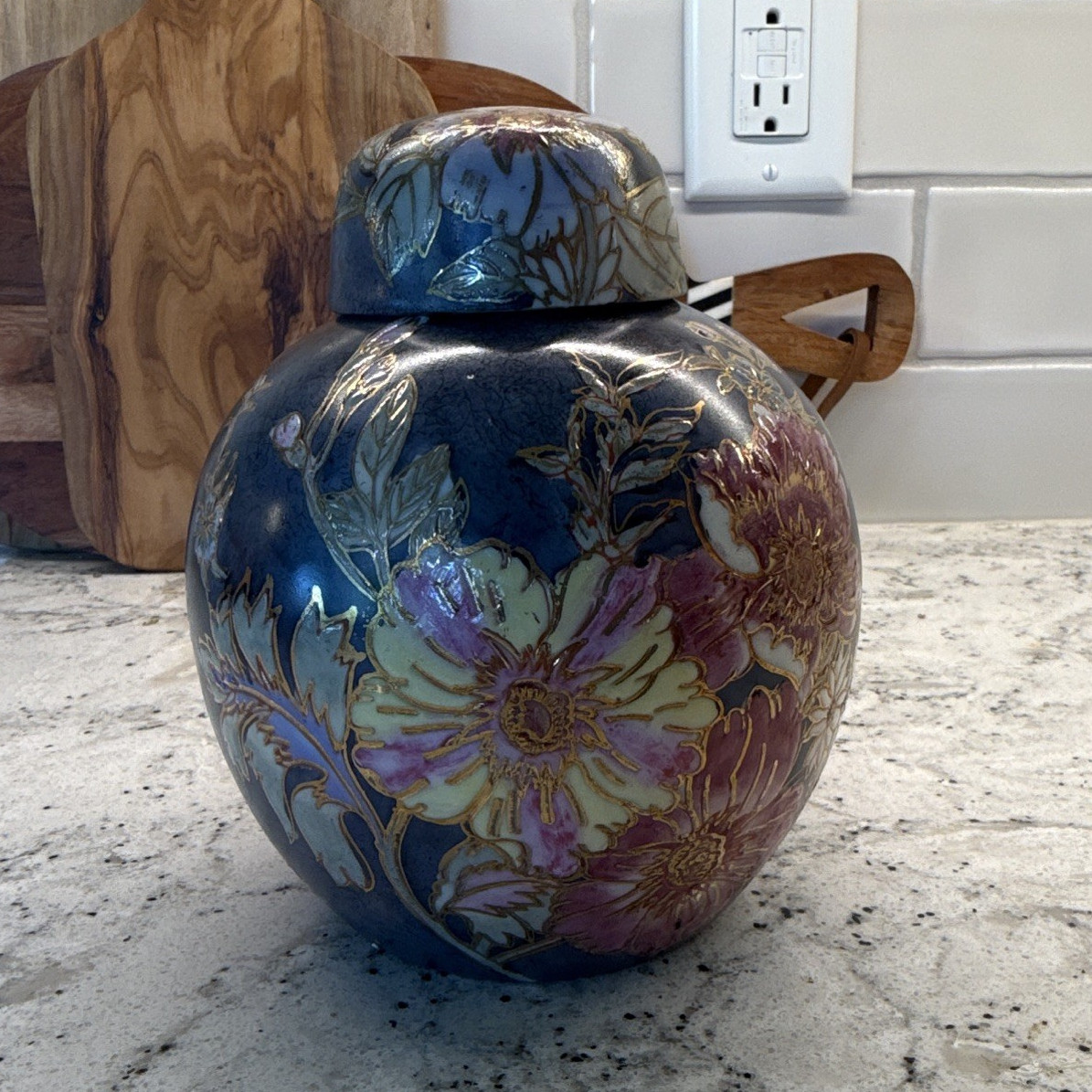 Blue Floral Porcelain Lidded Vase/Jar, Made in China, Printed Backstamp