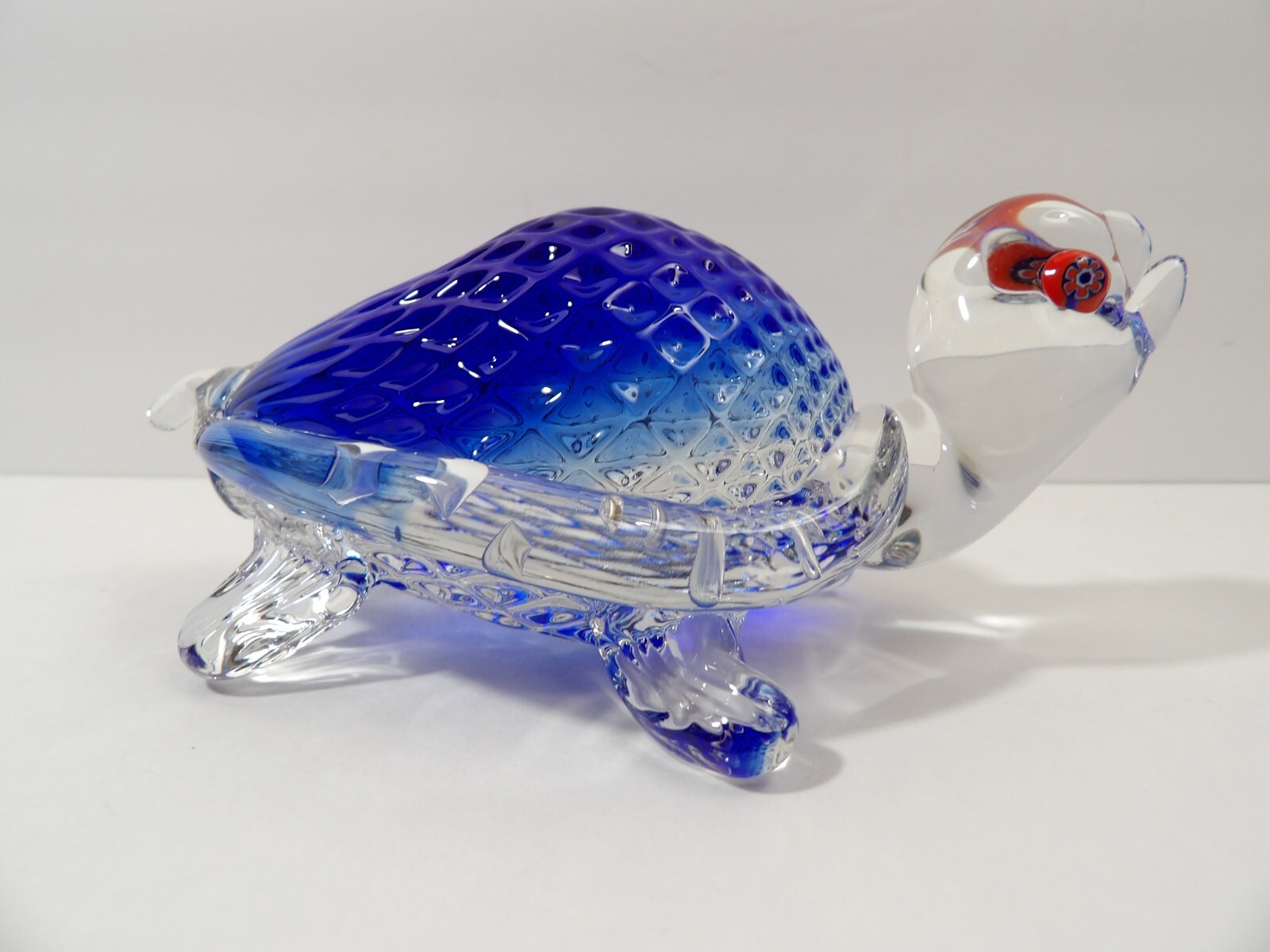 Rare Vintage Colorful Murano Glass Turtle Figurine ~ Clear & Blue ~ 5 3/8″ Long