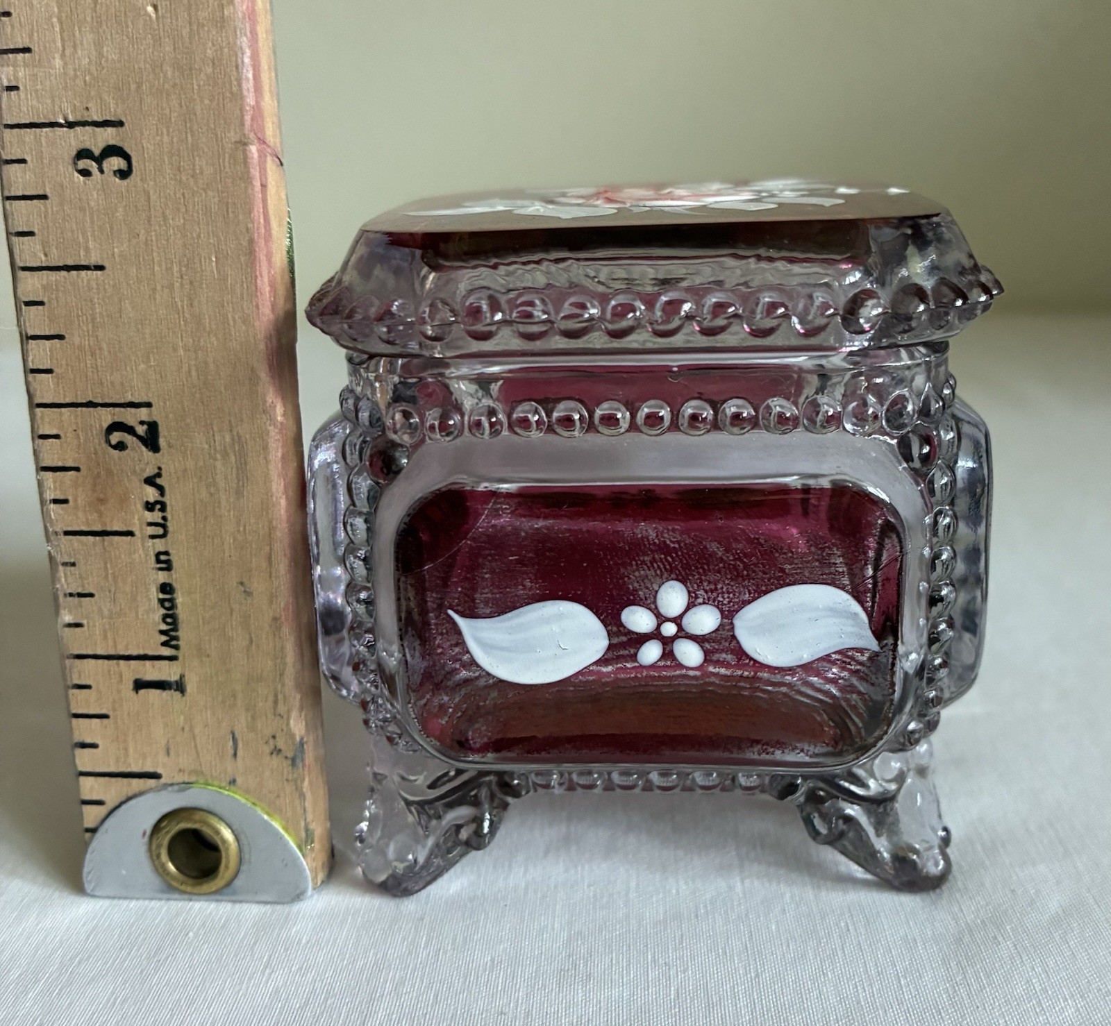VTG Westmoreland Ruby Red Glass Trinket Jewelry Box Hand painted Artist Signed
