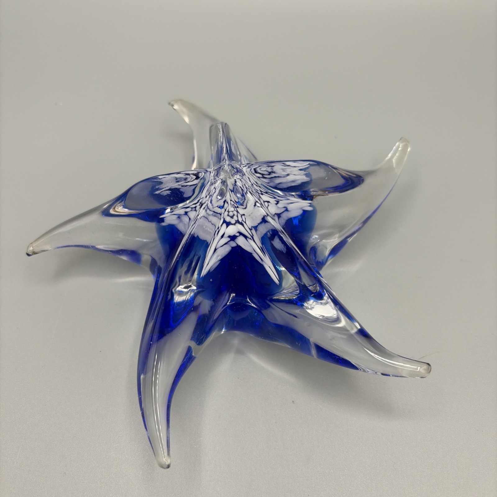 Glass Starfish Paperweight Swirl Vintage glass Blue-clear 6″ Murano style