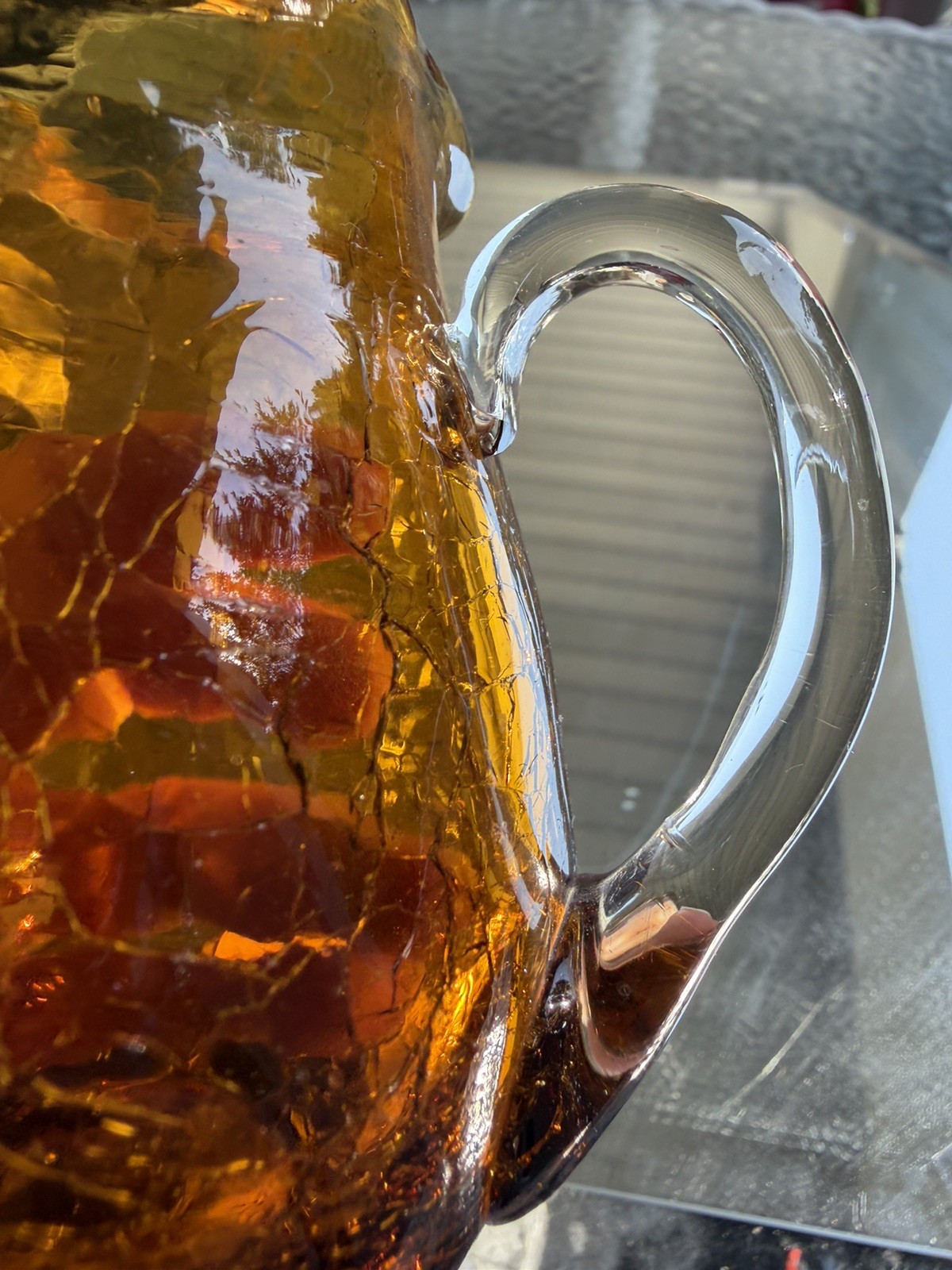 Amber Crackle Glass Pitcher Mini Vase Yellow Gold Hand Blown 3 3/4”Creamer