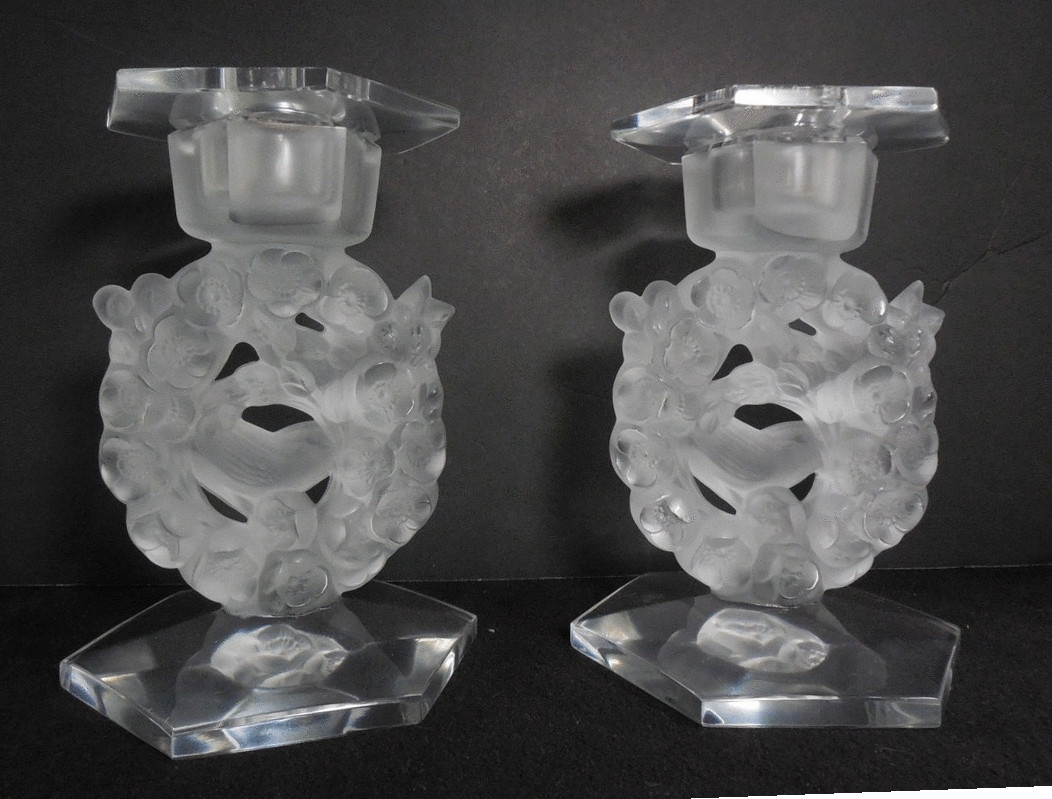 Pair of Lalique Mesanges Frosted Crystal Bird Candleholders with Bobeches