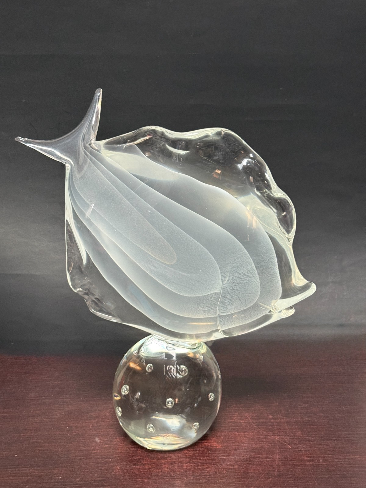 Signed Licio Zanetti Murano Art Glass Fish Sculpture Frosted White Swirl Bubble
