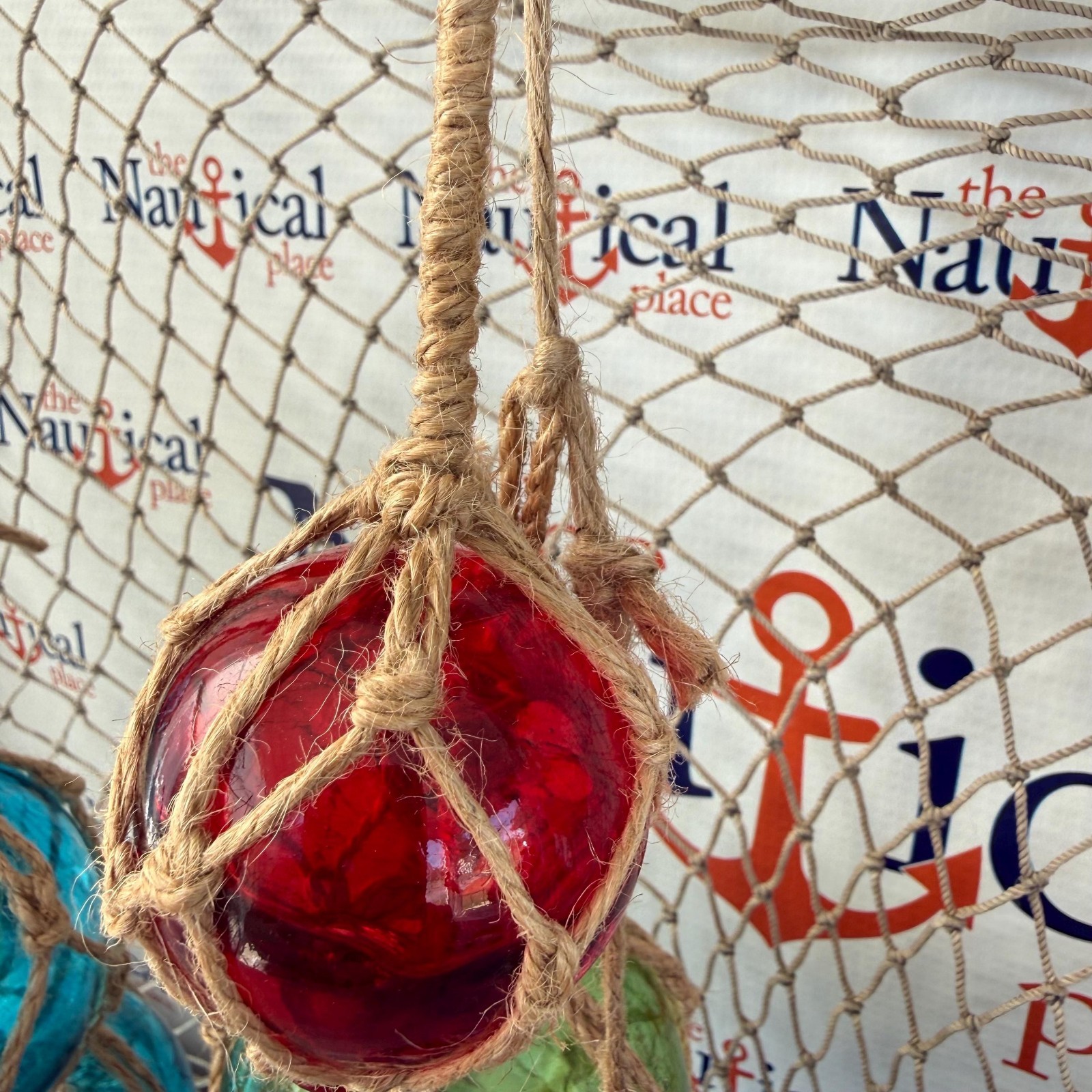 3 Glass Fishing Floats On Jute Rope, Red, Green, Blue, Aqua Fish Net Buoy