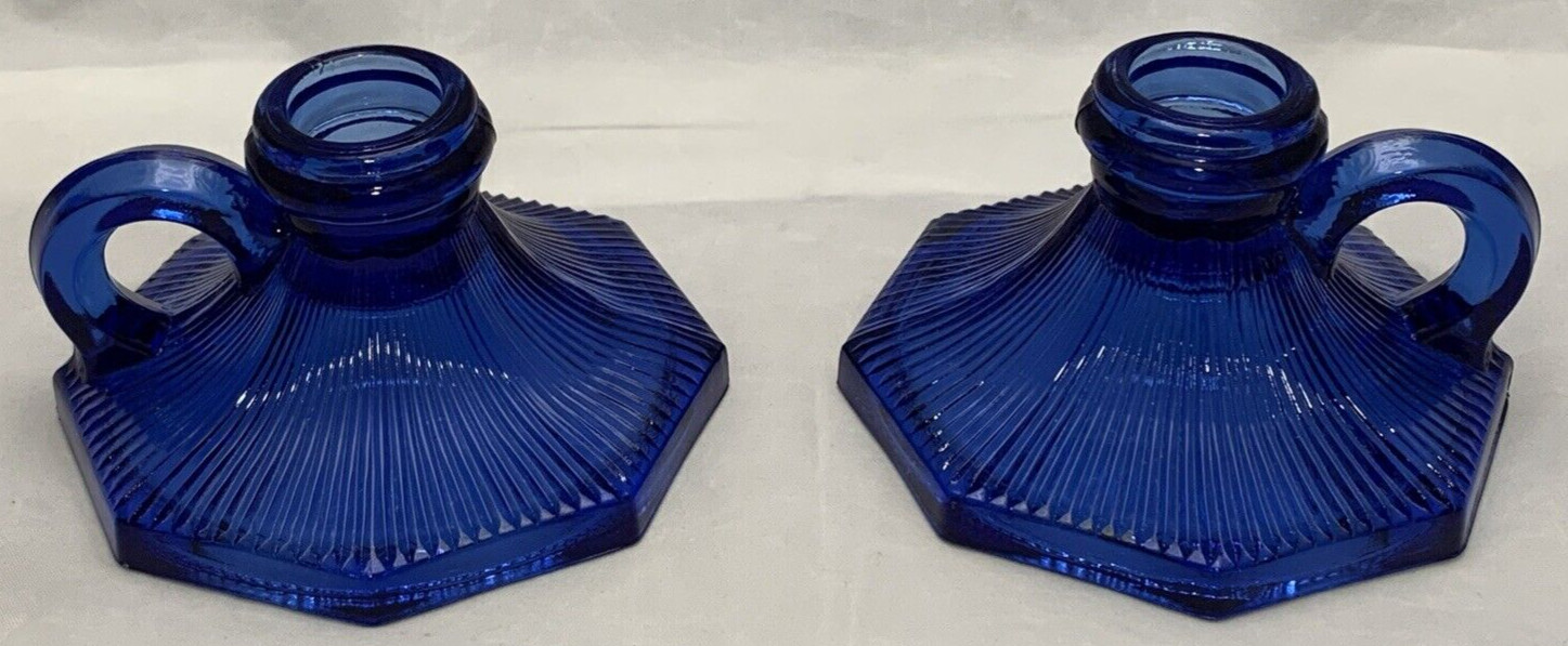L. E. Smith Glass Company Sapphire Blue Candlestick Candle Stick Holder Pair Set