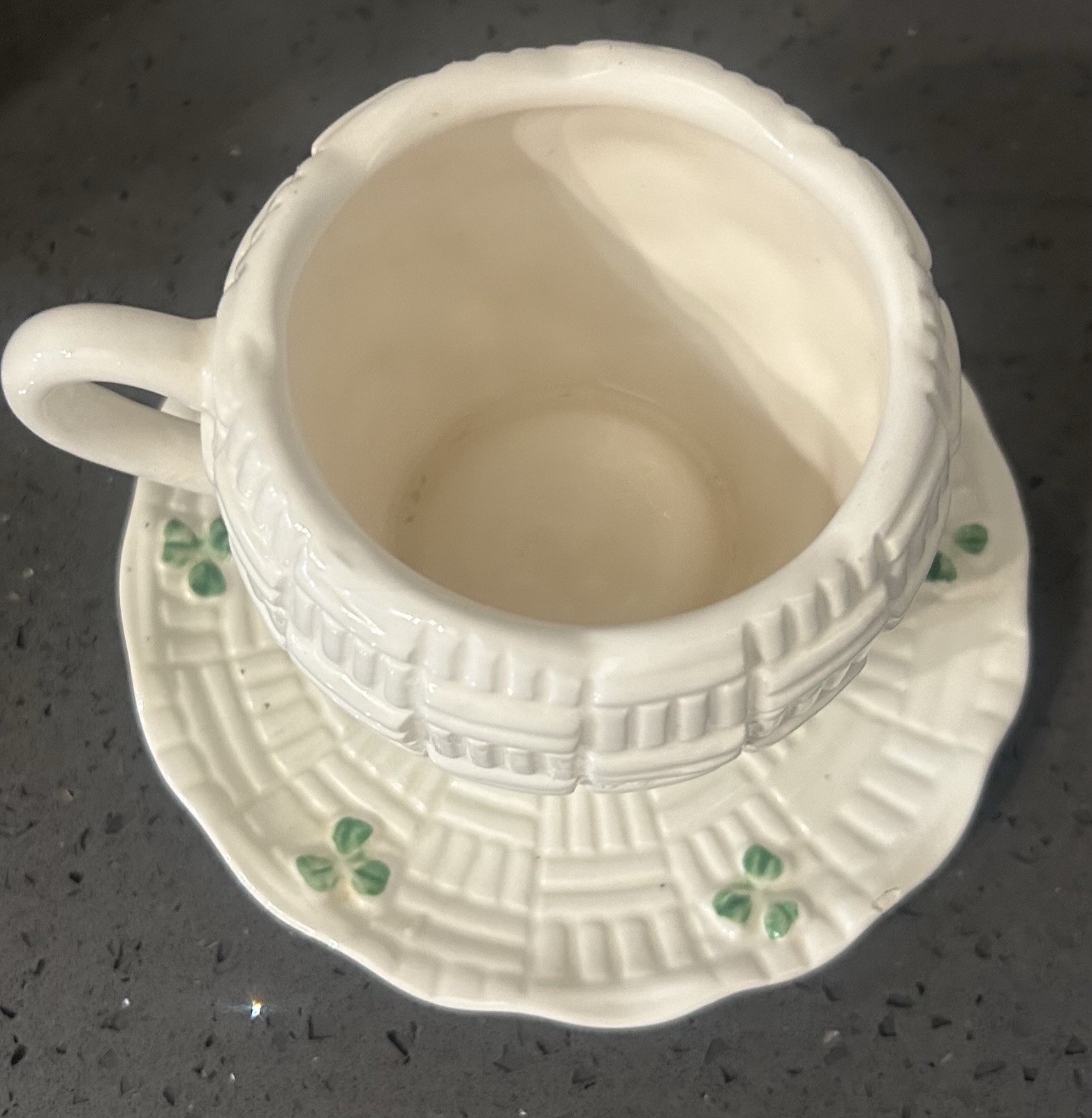 Shamrock Basketweave Centerpiece Planter Cup Attached Saucer Irish Garden