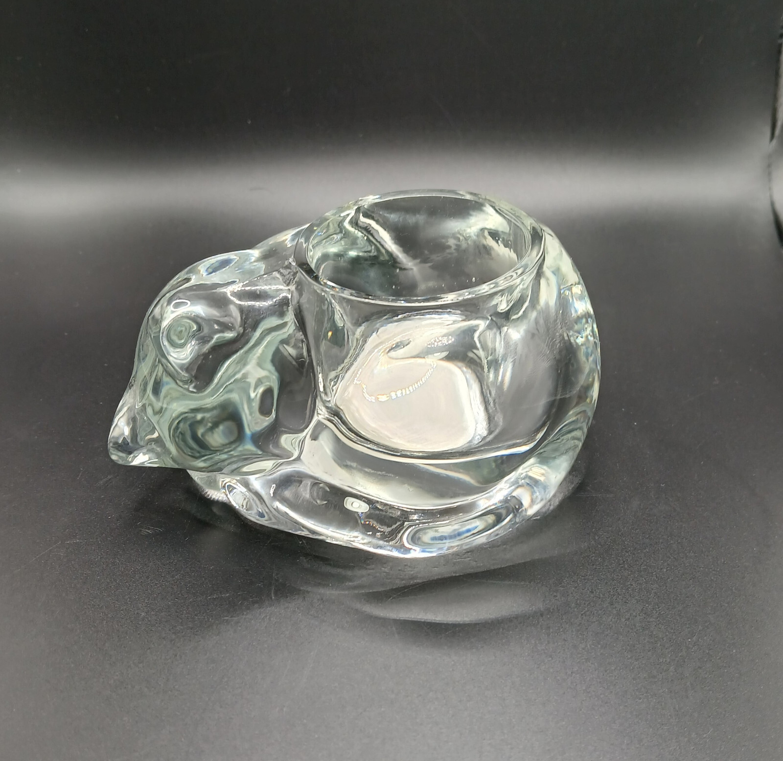 VTG Indiana Glass Sleeping Clear Glass Cat Candle Votive Paperweight 4 1/2in