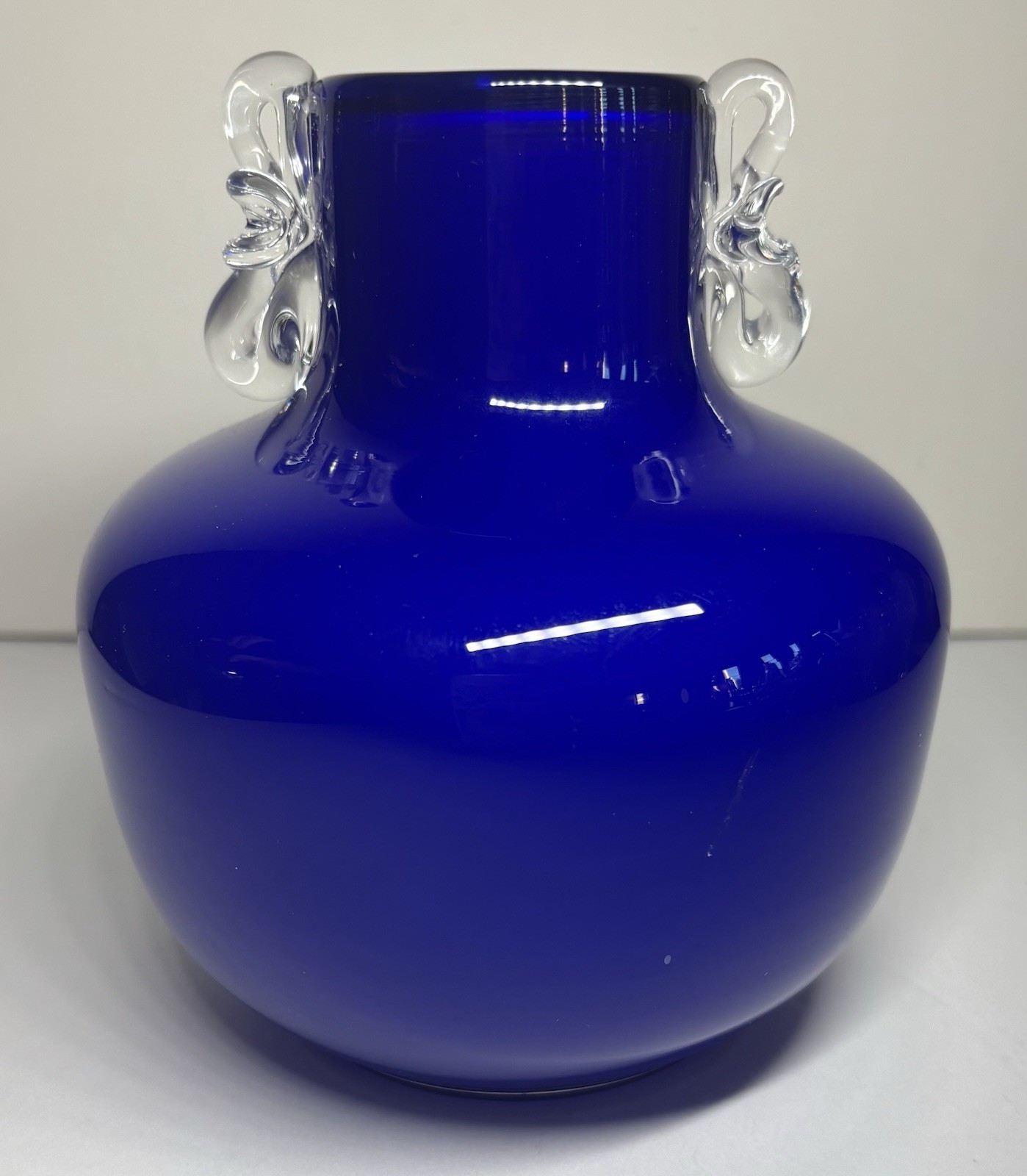 Beautiful Hand Blown Art Glass Cobalt Blue Vase 6” X 5” W Handles Vintage Decor
