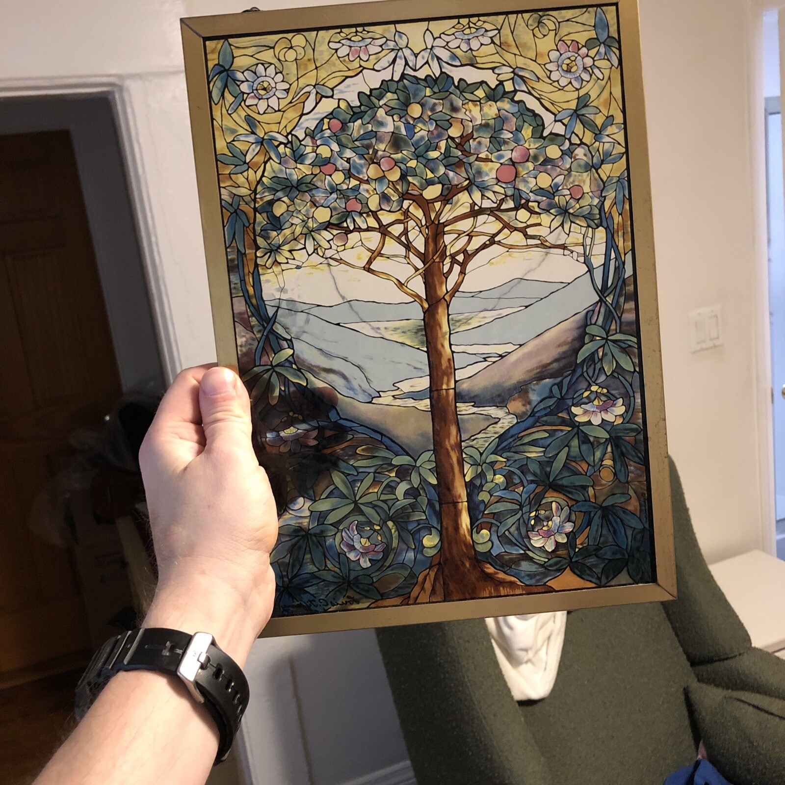 Louis C Tiffany Tree Of Life Framed Glass Hanging Window Panel 9.25 x 13”