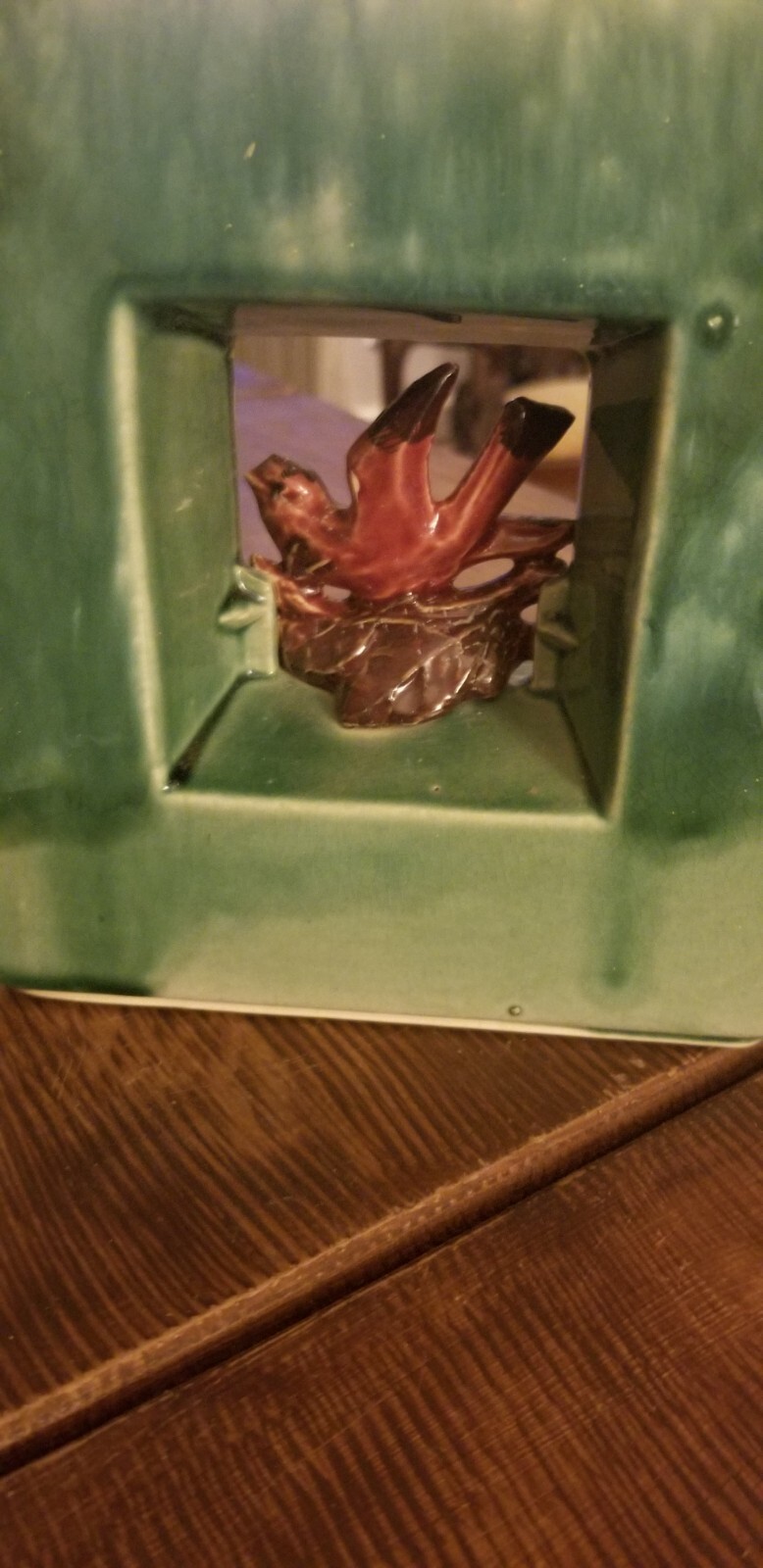 1950’s McCoy Arcature double shadow box square vase green w/ red bird, RARE!