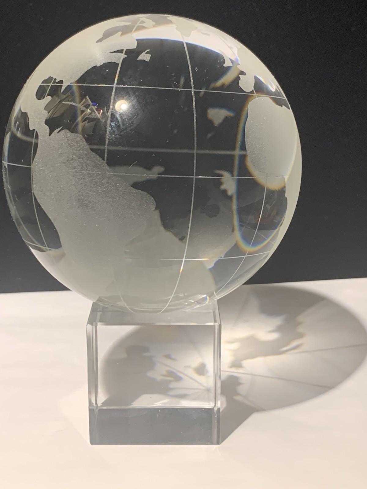 VTG Globe World Earth 4” Etched Frosted Clear Glass Ball Paperweight Stand 4 Lbs