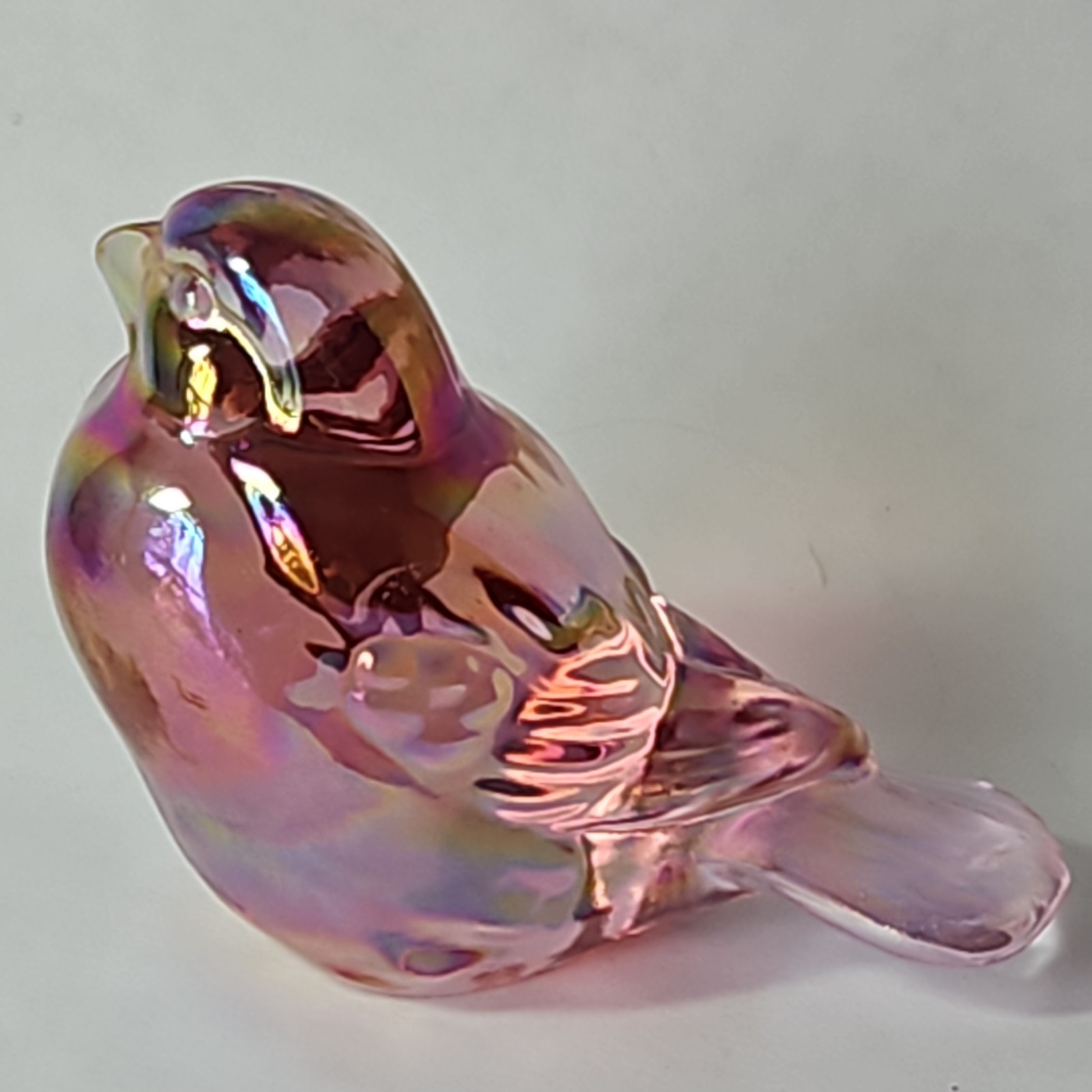Vintage Fenton Pink Glass Irridescent Fat Bird Decorative Glass Figurine 1980s