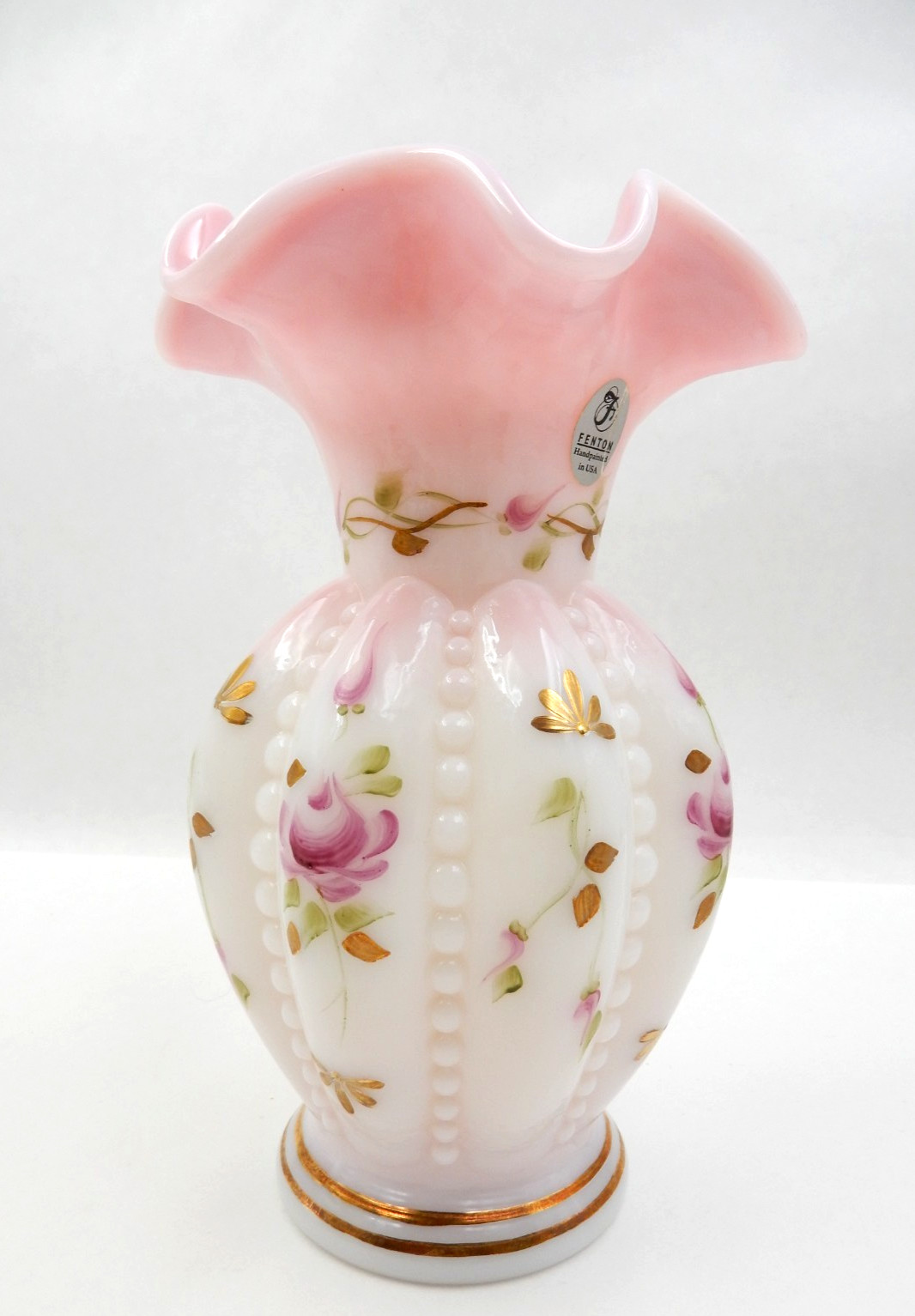 FENTON ART GLASS CHARLETON COLLECTION BEADED MELON RUFFLED EDGE VASE SIGNED
