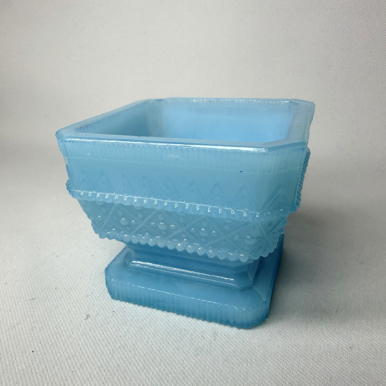 Vtg Blue Satin Art Pressed Glass Opalescent Toothpick Holder Salt Pedestal Foot
