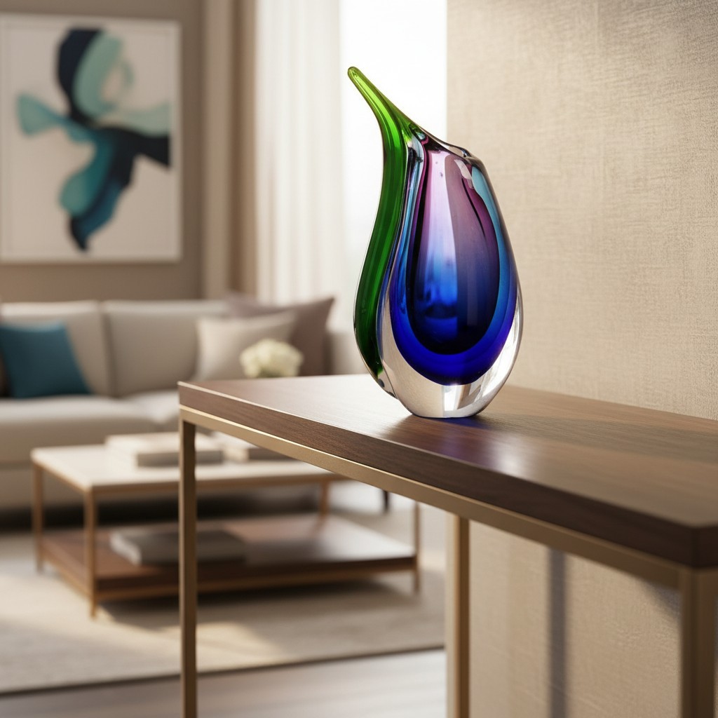 Hand Blown Multicolor Sommerso Teardrop Art Glass Vase – 9.5” Elegant Decor