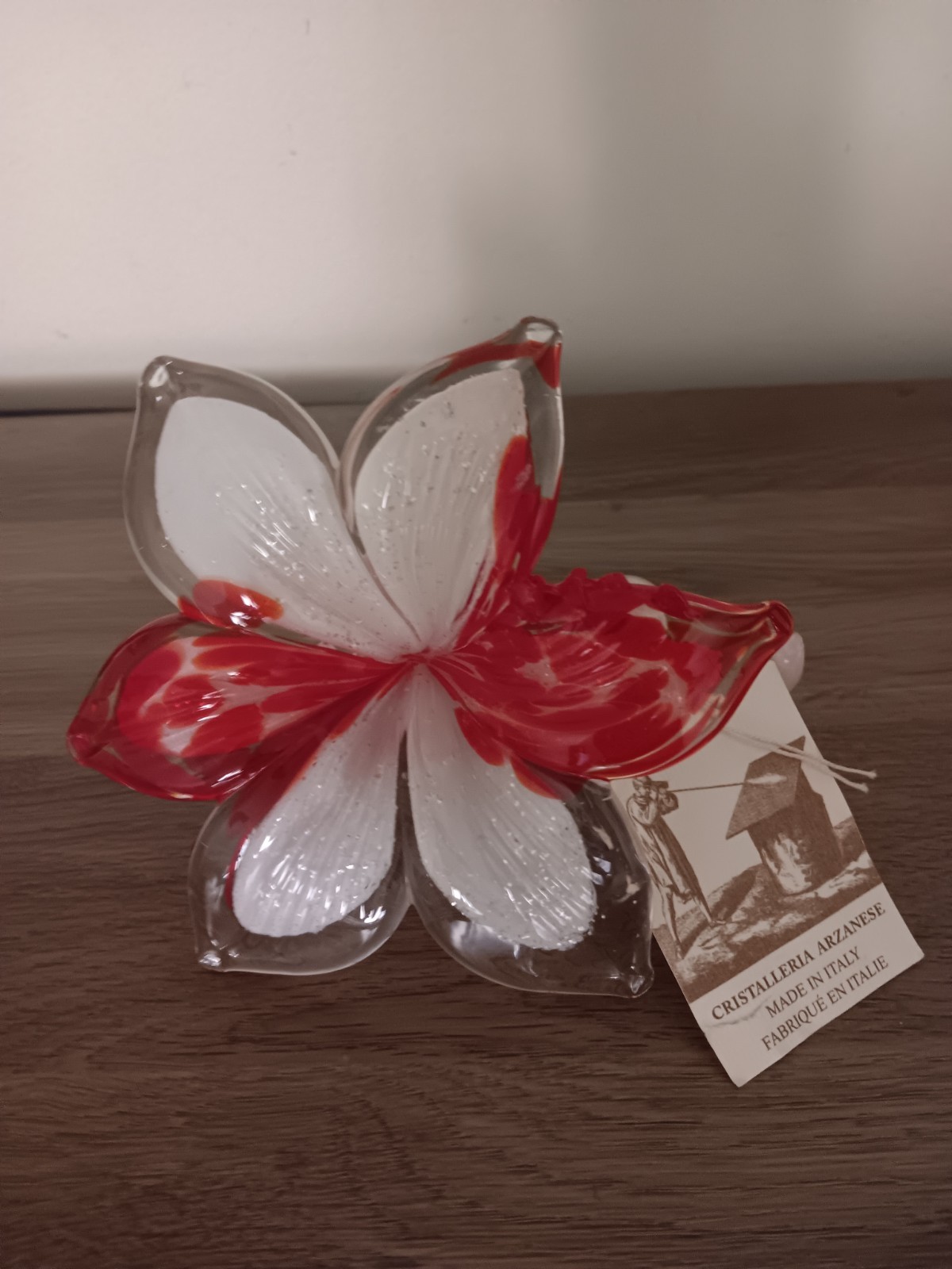 Cristalleria Arzanese Hand Blown Glass Flower Sculpture Red White Italy Art
