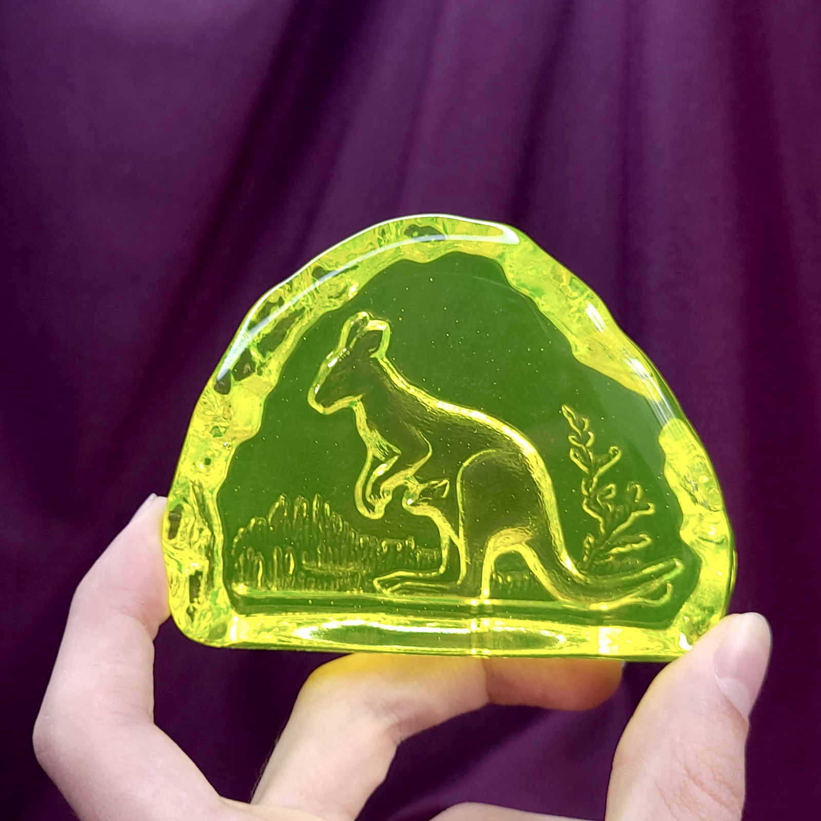 Uranium Glass Figurine Kangaroo Art Glass Vaseline Yellow Glass Animal Statue