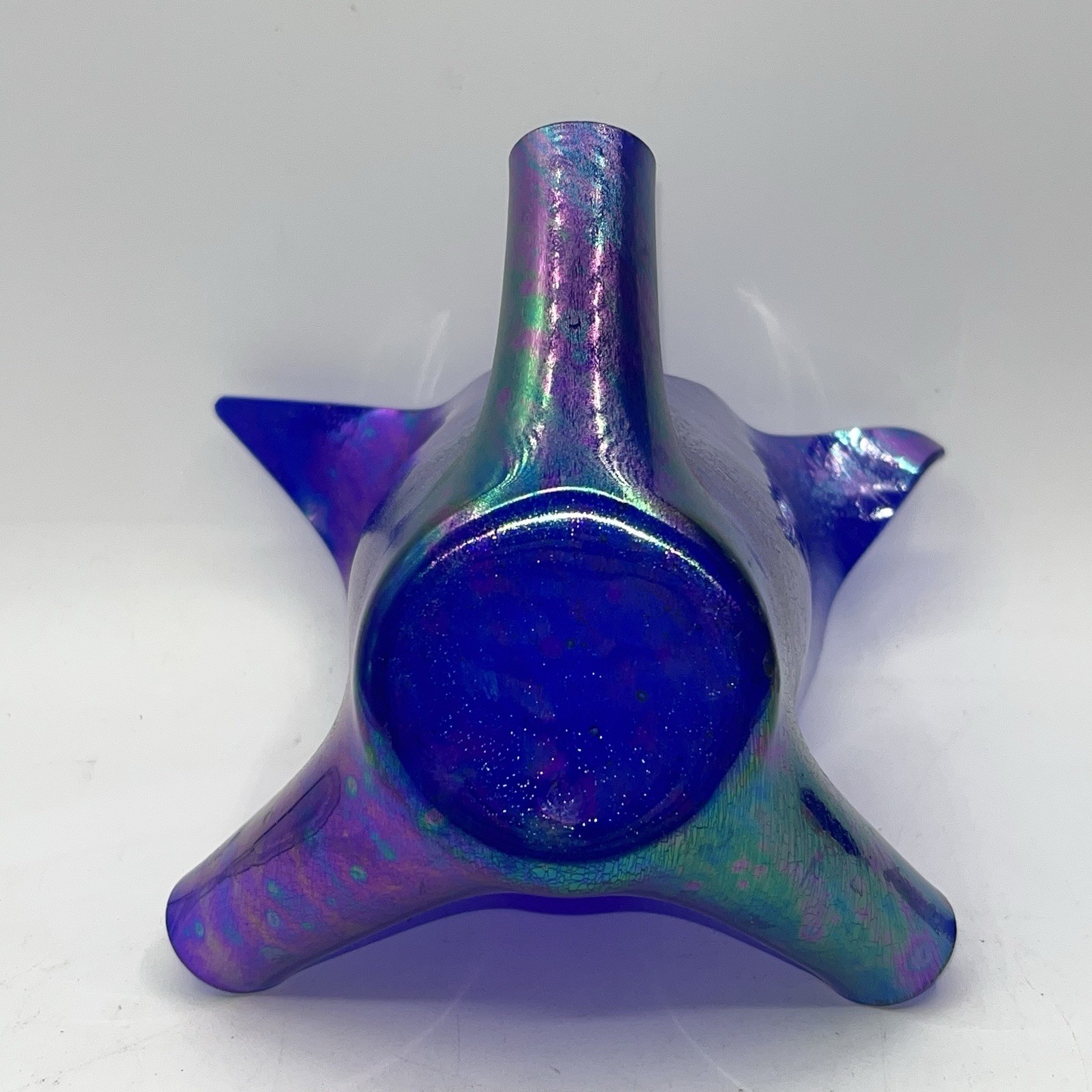 Iridescent Cobalt Blue Handkerchief Fused Art Glass Sculpture Vase Bowl 7”