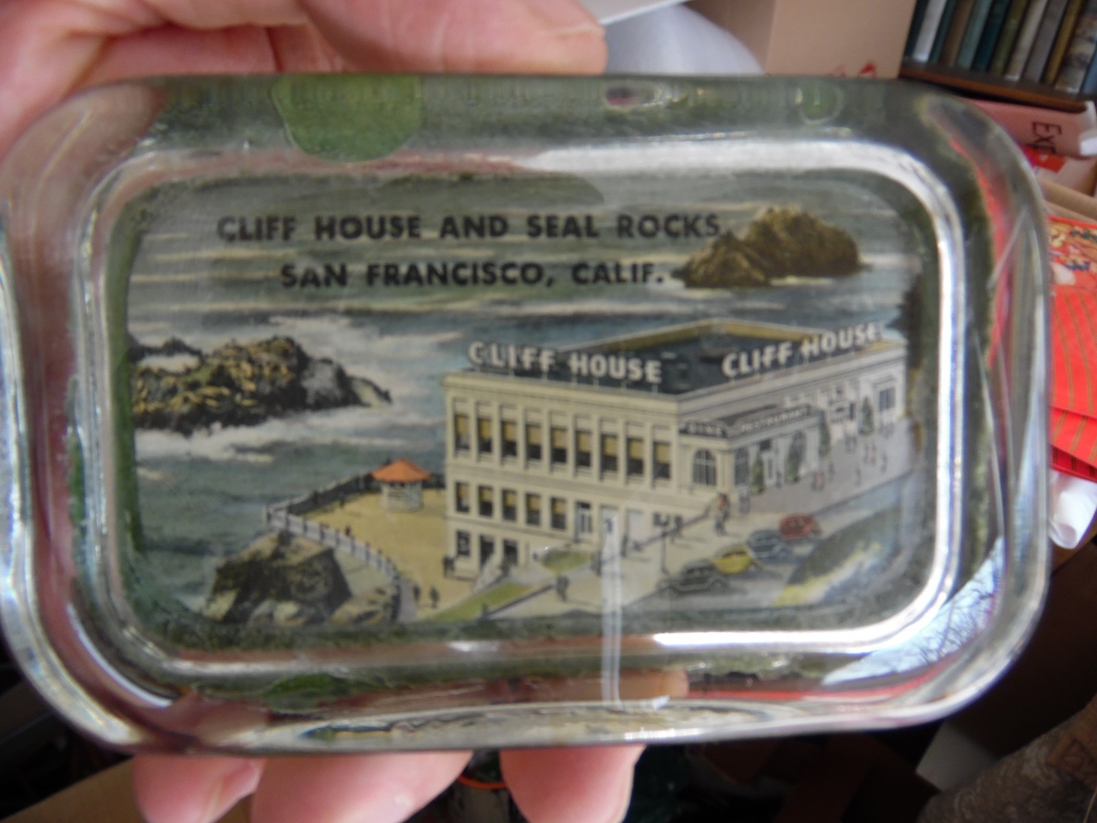 BRIGHT VINTAGE Glass Paperweight CLIFF HOUSE Restaurant San Francisco Souvenir