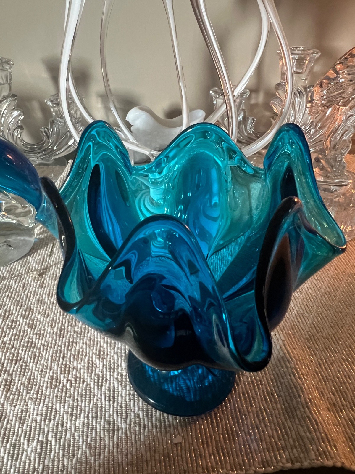 Vintage MCM Viking Glass Epic Bluenique ~ 6 Petal Handkerchief Pedestal Bowl