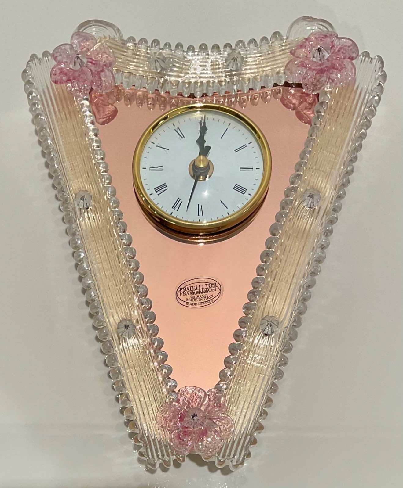 Flli Tosi Murano Glass Wall Clock Pink Millefiori Flowers Gold Bezel NOS Signed