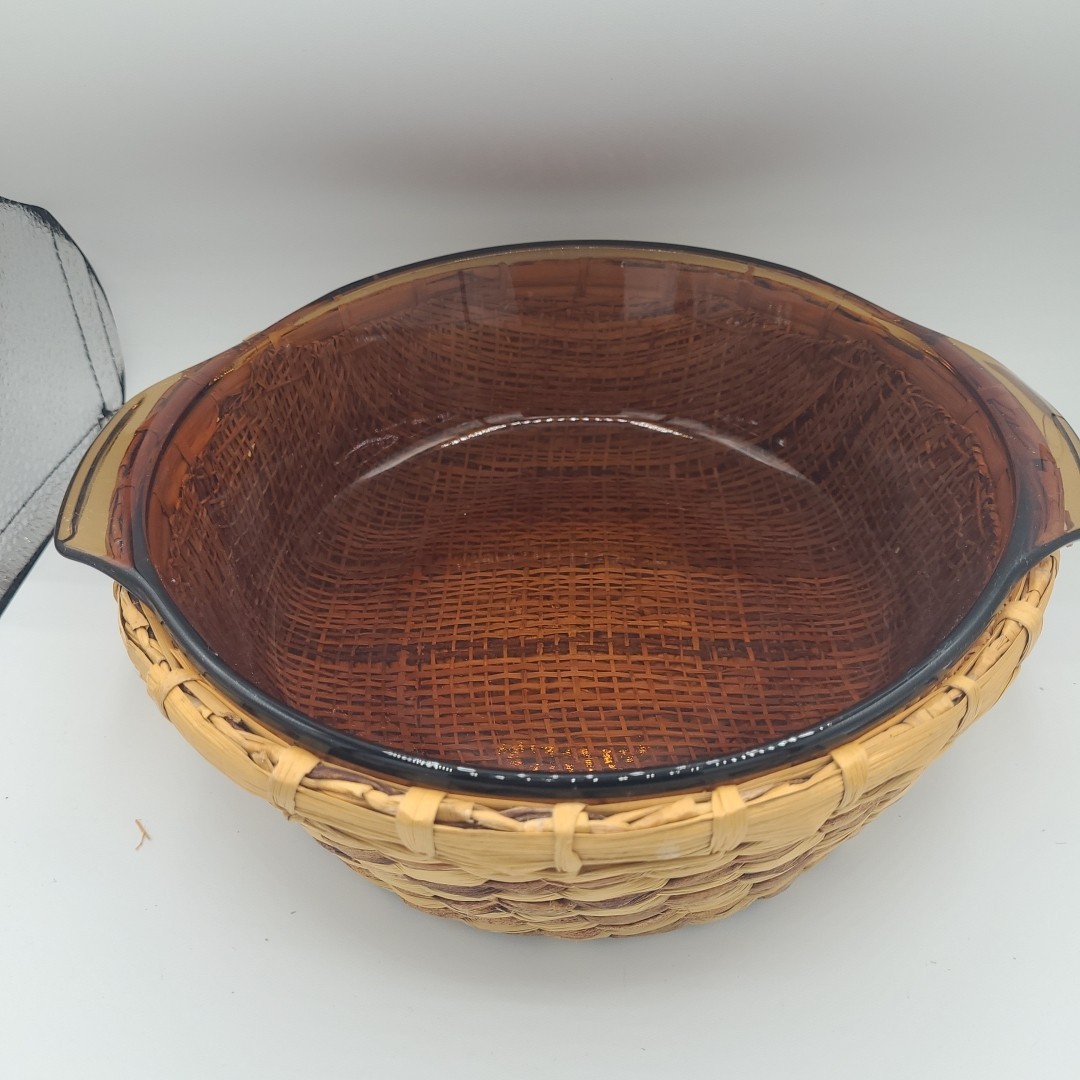 Anchor Hocking Fire King #438 2 Quart Amber Casserole Dish w Lid & Handmade 10″