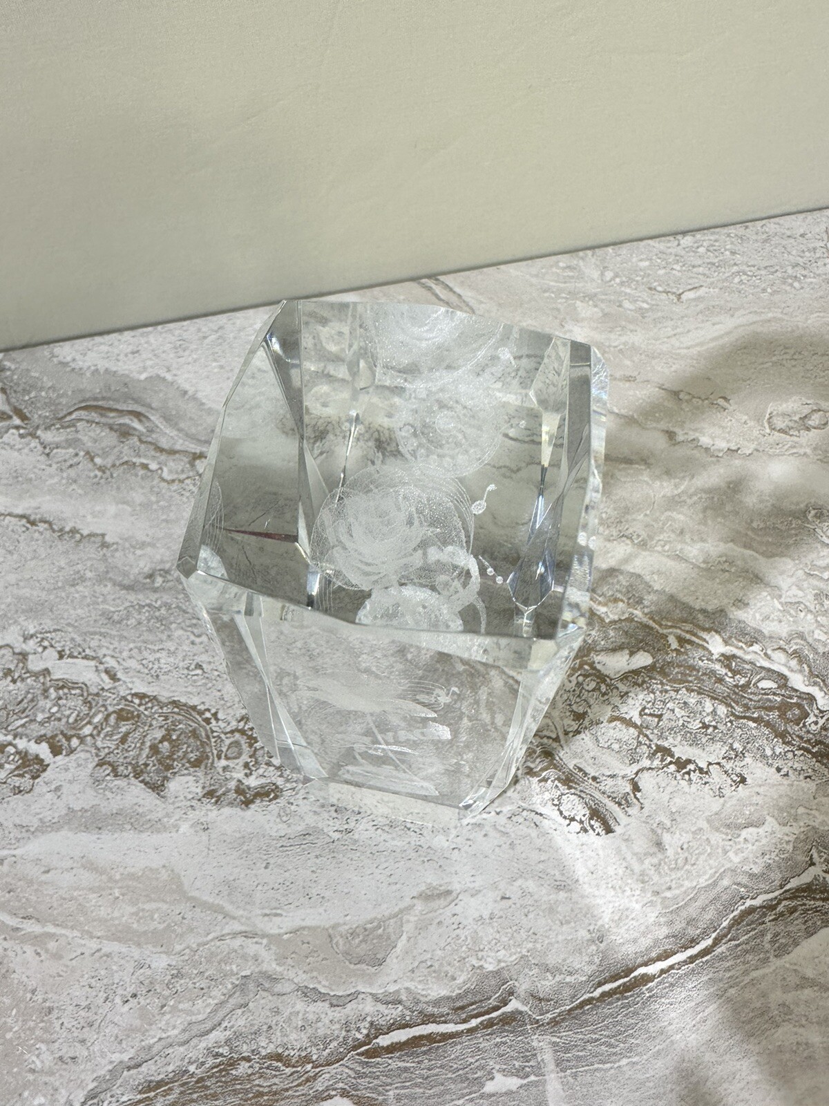 Laser Etched Crystal Clear Glass 3D Cube Paperweight 6 x 2 Happy Birthday Inside