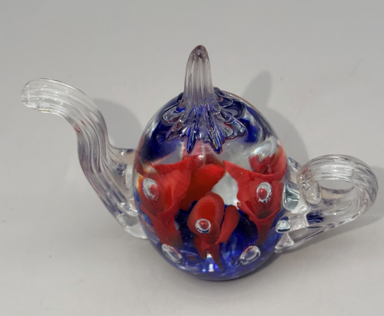 Vintage Gibson Art Glass Teapot Paperweight Red Floral Blue Controlled Bubble