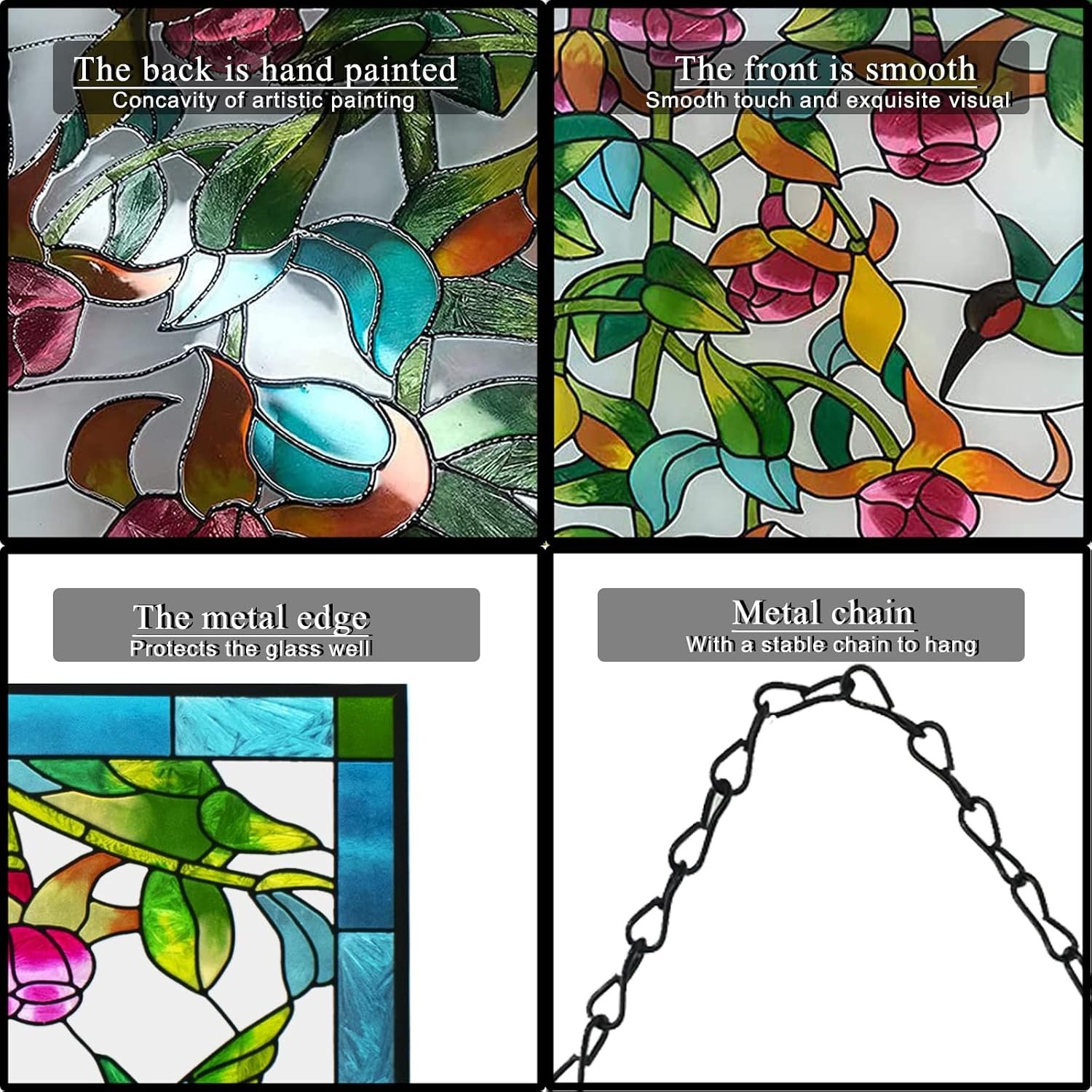 Hummingbird Stained Glass Suncatcher Panel, 10 x 15 in, Chain Hanging