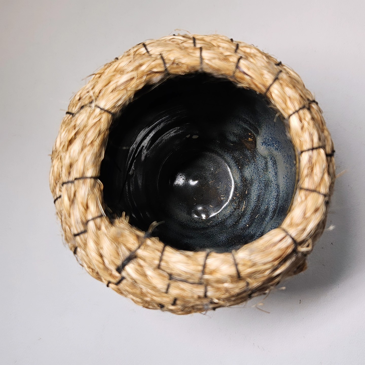 Dark Blue Egg Shaped Braided Rim Studio Pottery Vase Stamped HP