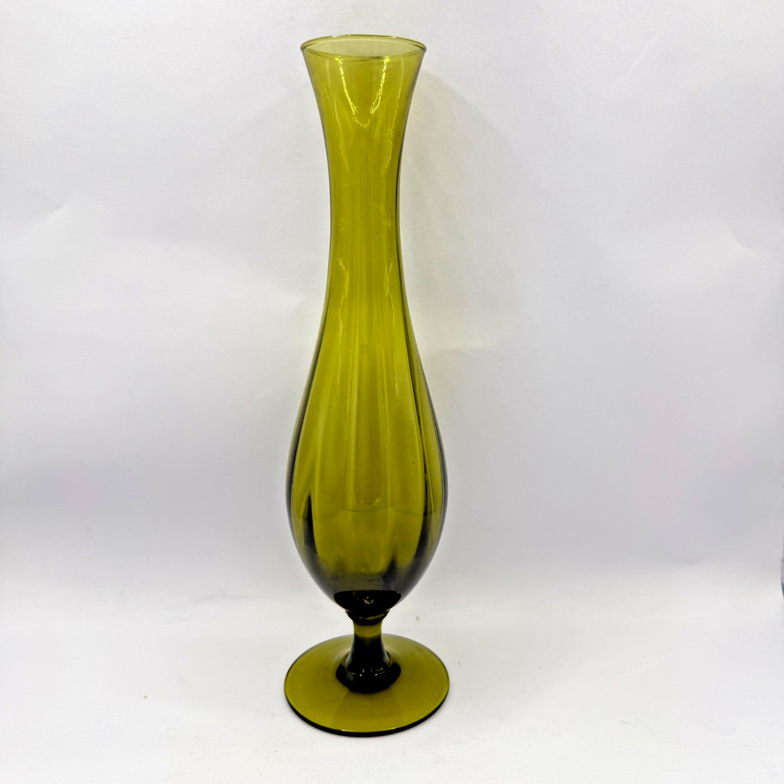 Vintage Empoli Glass Bud Vase Green Ribbed Swung 10″
