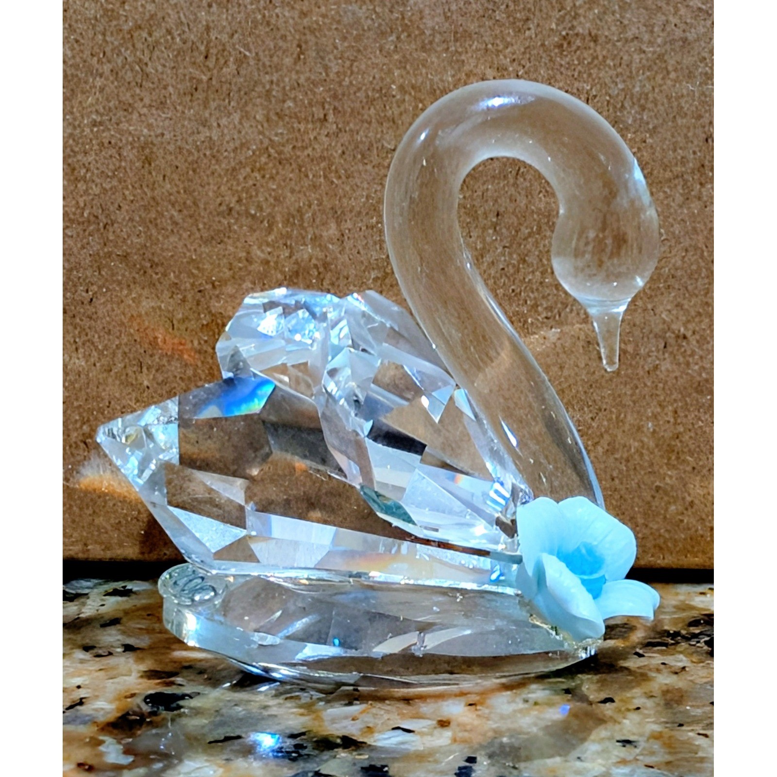 Crystal Swan Figurine Blue Flower Accent Sparkling Glass Bird Sculpture