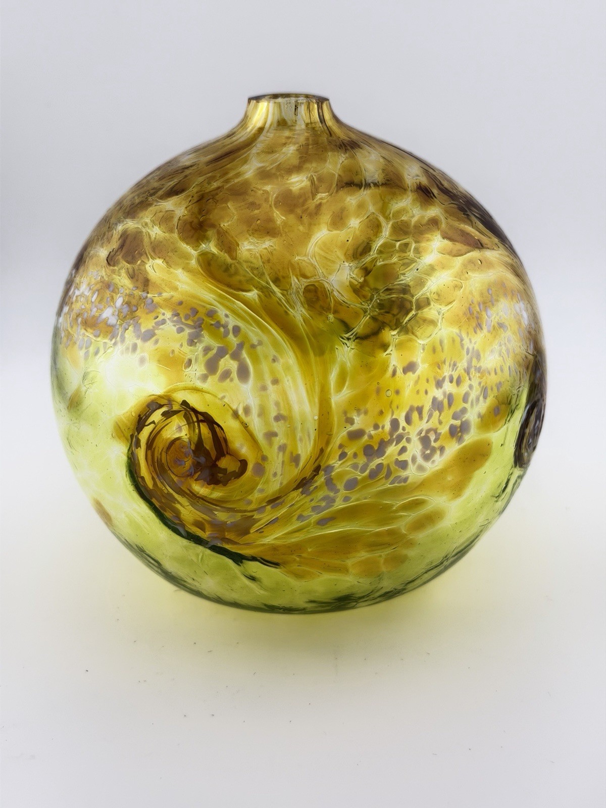 Handblown Art Glass Ball Bud Vase Yellow Brown Swirls 5”x4” 10oz. Nice!