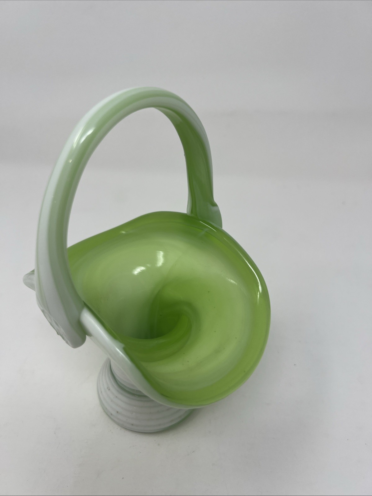 Vintage Handcrafted Slag Glass Basket 6” Green And White