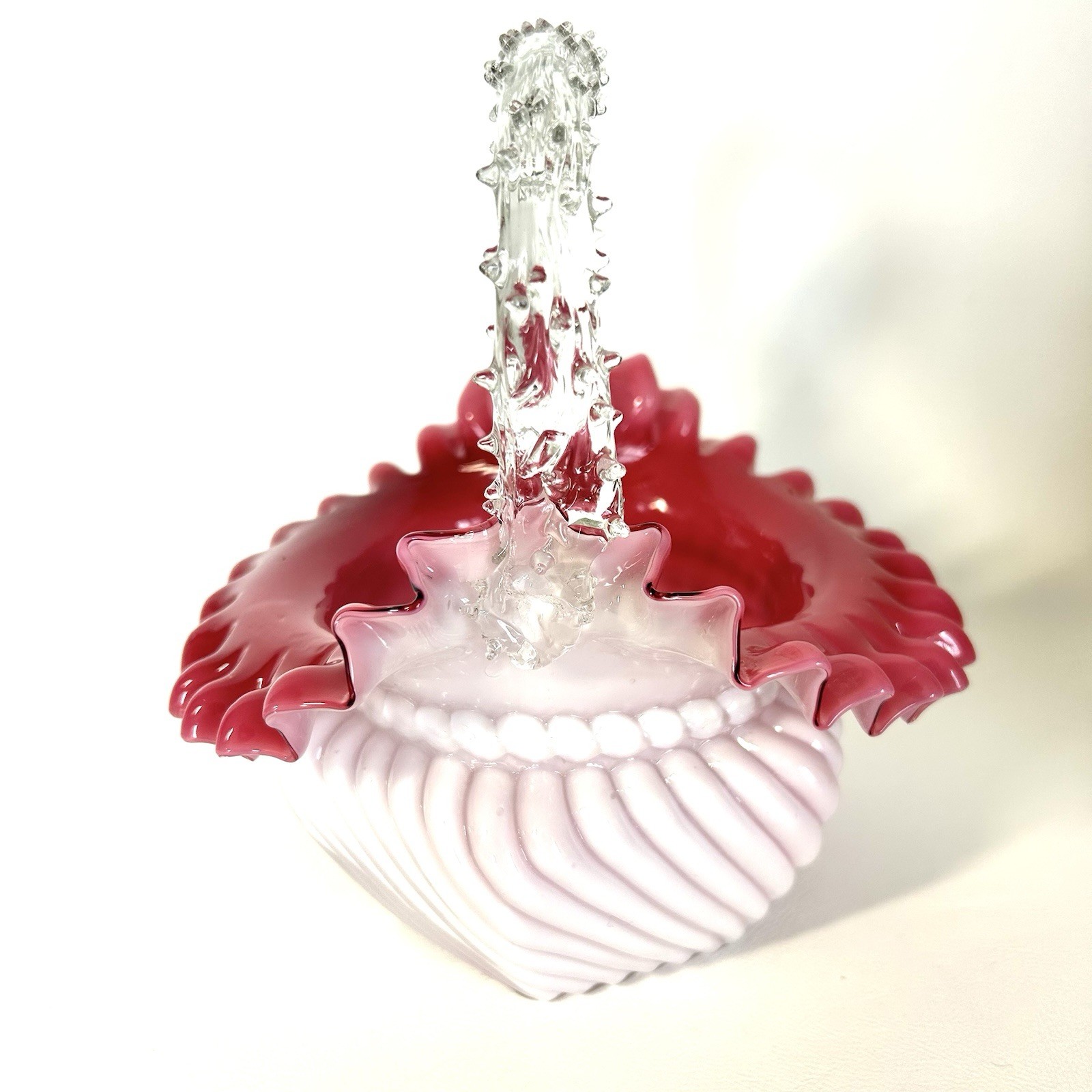 Antique Victorian Cranberry Art Glass Basket w Thorn Handle Ruffled Edge Hexagon