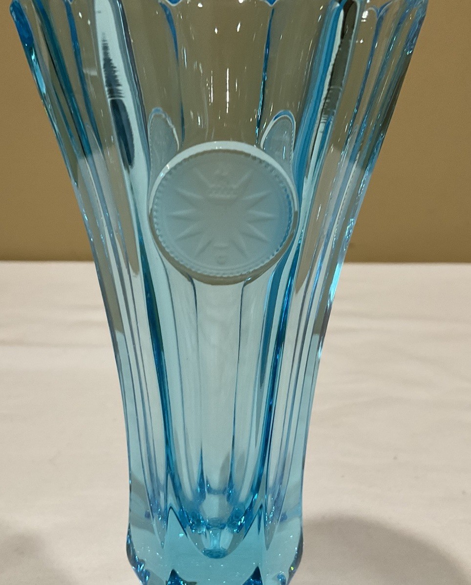 Vintage Fostoria 8” Blue Coin Glass Bud Vase, Excellent Condition!